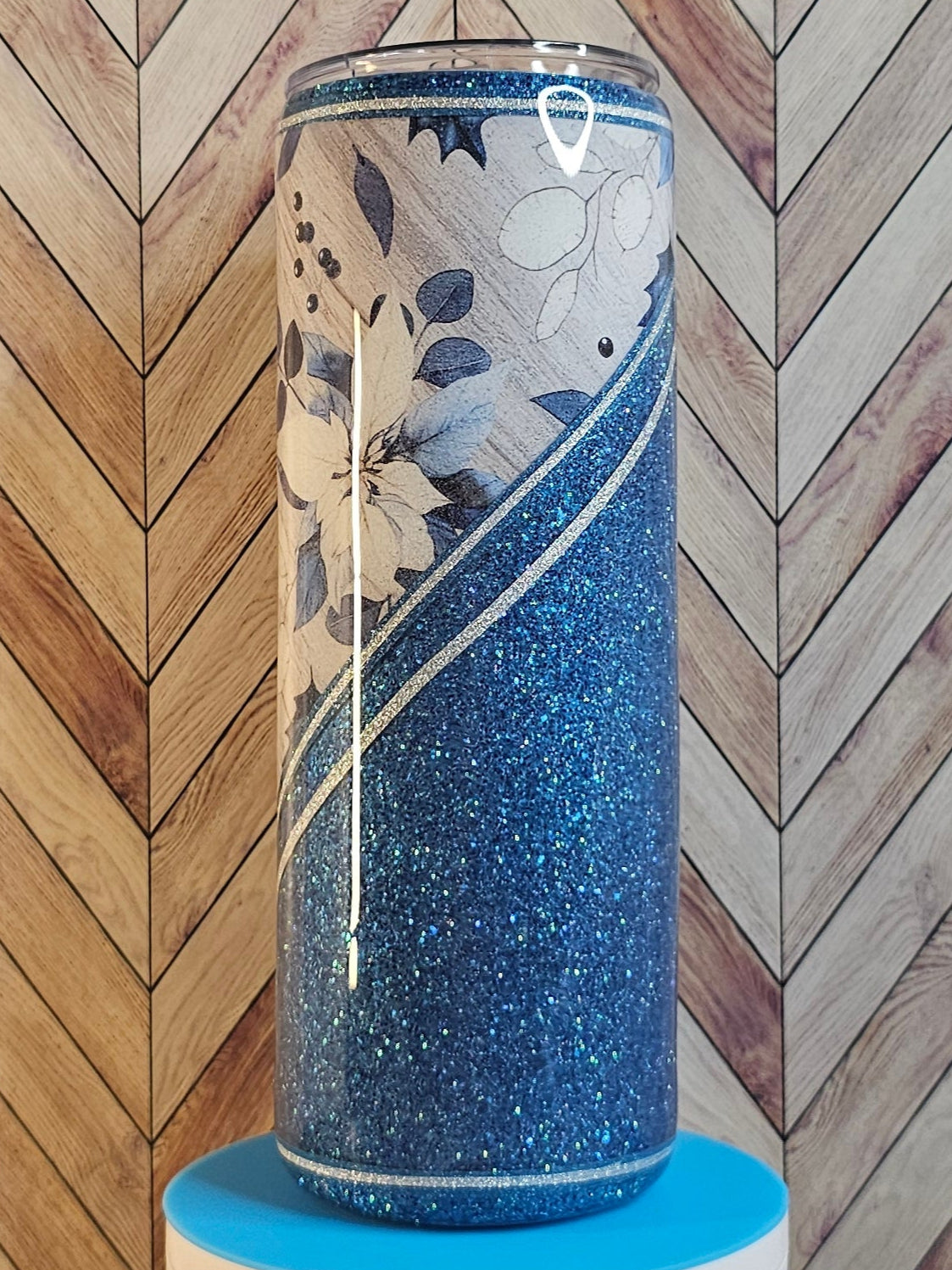 20oz Skinny Double V-split Holly Flower with Blue Glitter Epoxy Tumbler