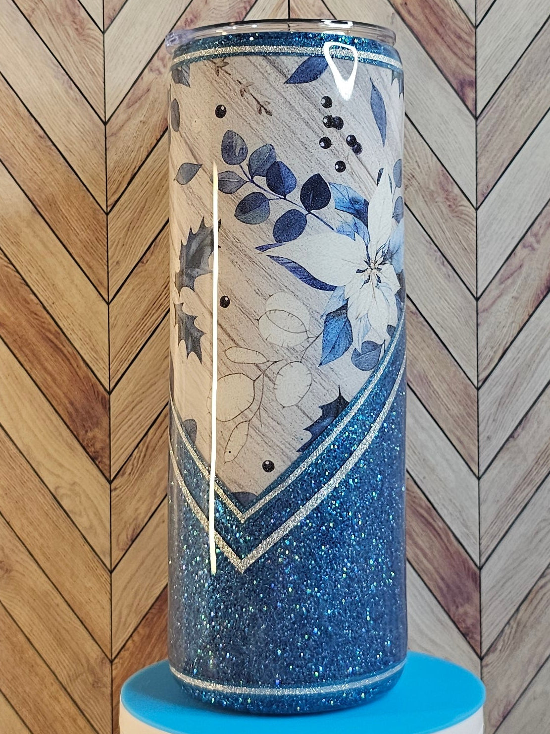 20oz Skinny Double V-split Holly Flower with Blue Glitter Epoxy Tumbler
