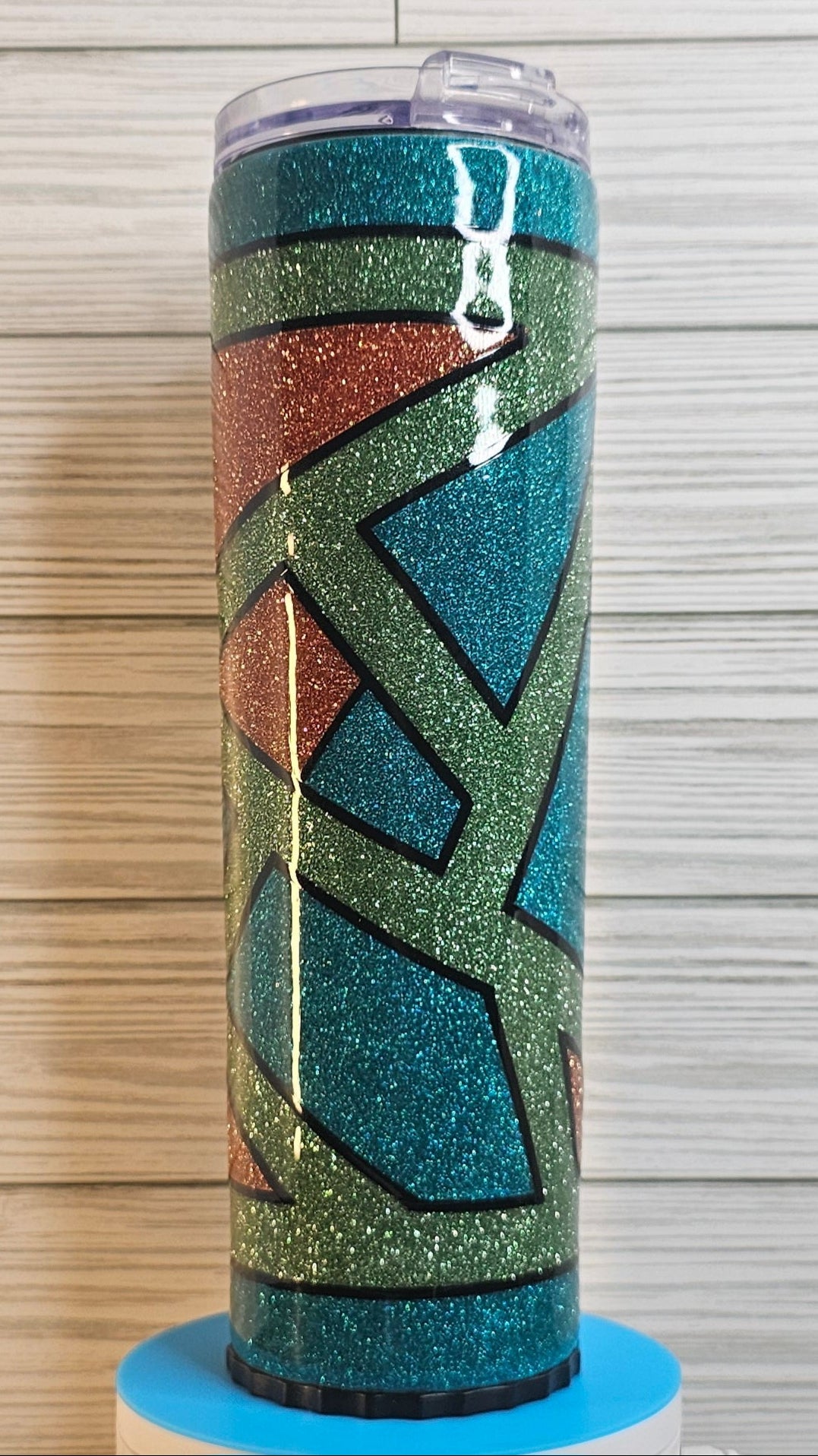 30oz Skinny Strawbler Geometric Pattern Blue/Green/Orange Glitter Epoxy Tumbler