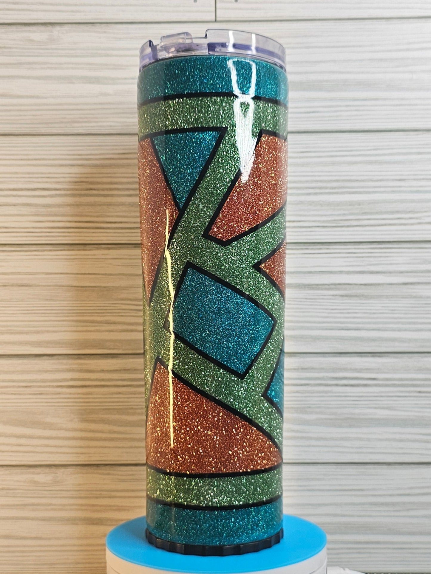 30oz Skinny Strawbler Geometric Pattern Blue/Green/Orange Glitter Epoxy Tumbler