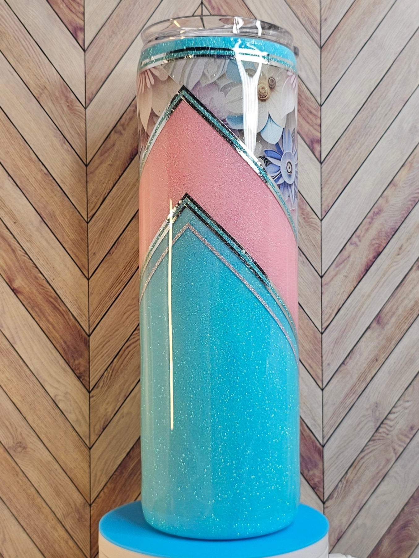 20oz Skinny Floral V-split Blue & Pink Epoxy Tumbler