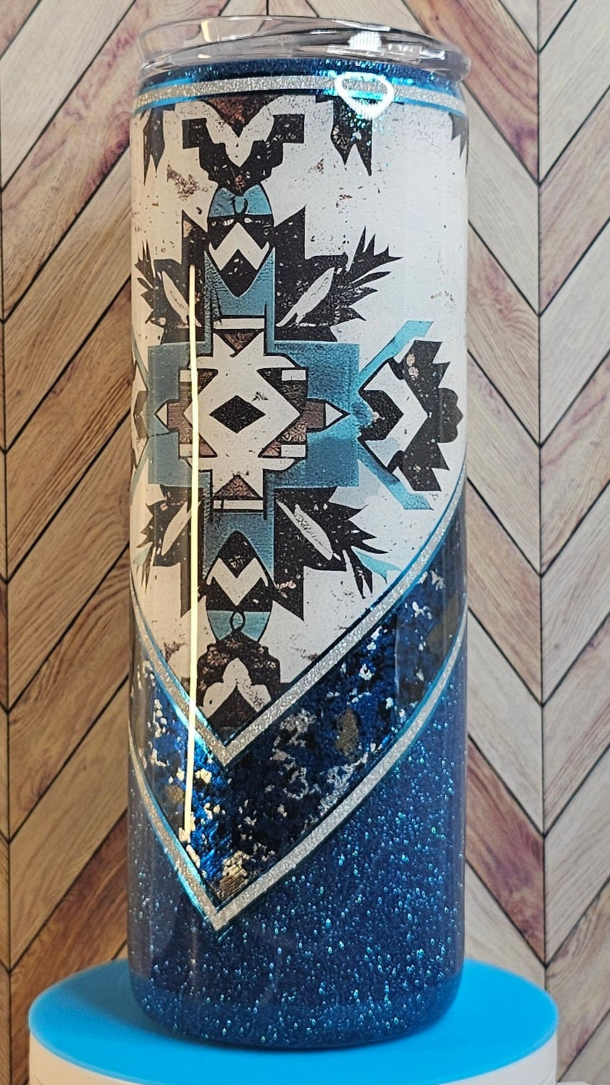 20oz Skinny Southwest V-split with Blue Glitter & Foil Epoxy Tumbler