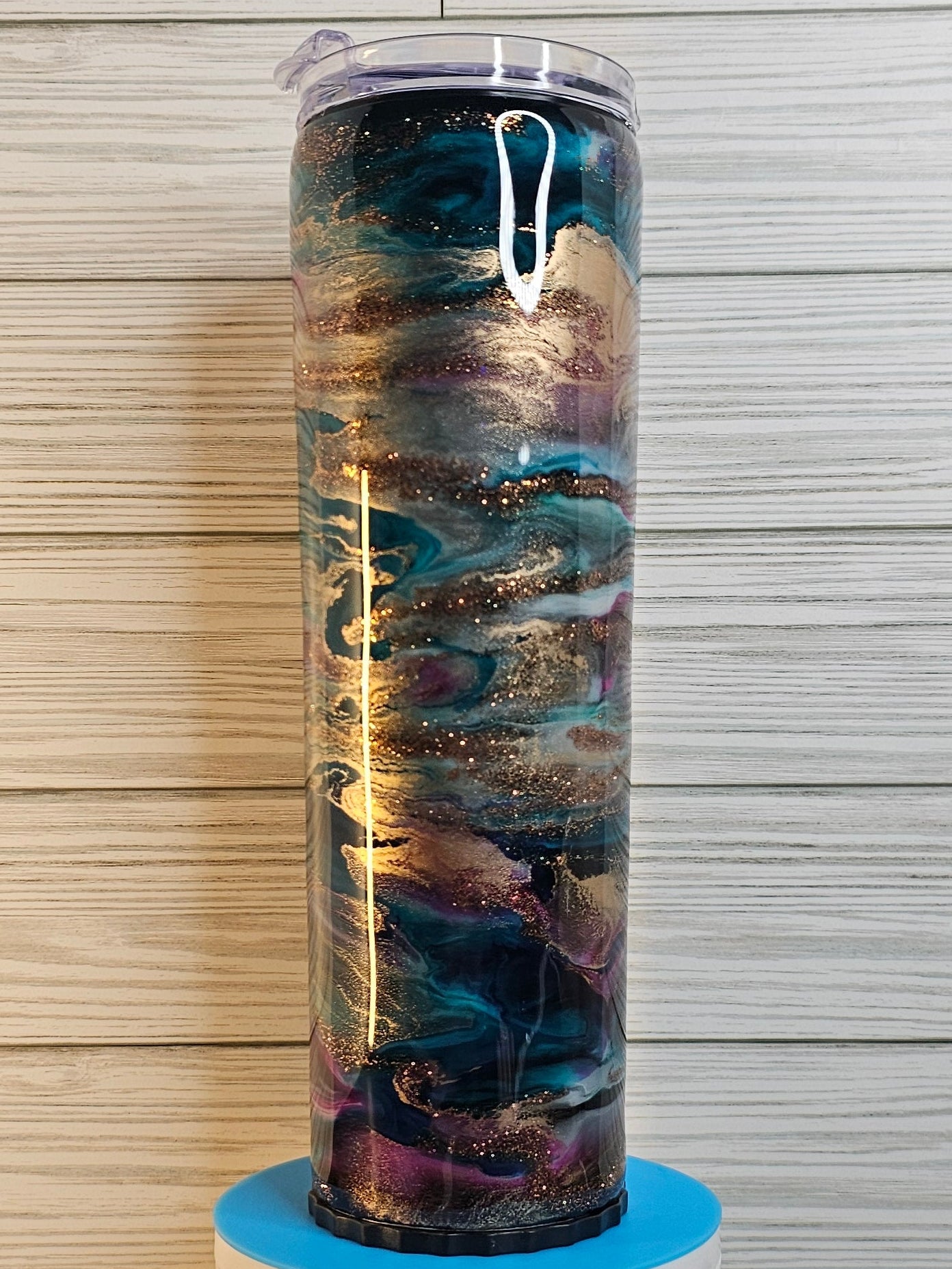 30oz Skinny Strawbler Purple/Blue/Gold with Glitter Vein Epoxy Tumbler