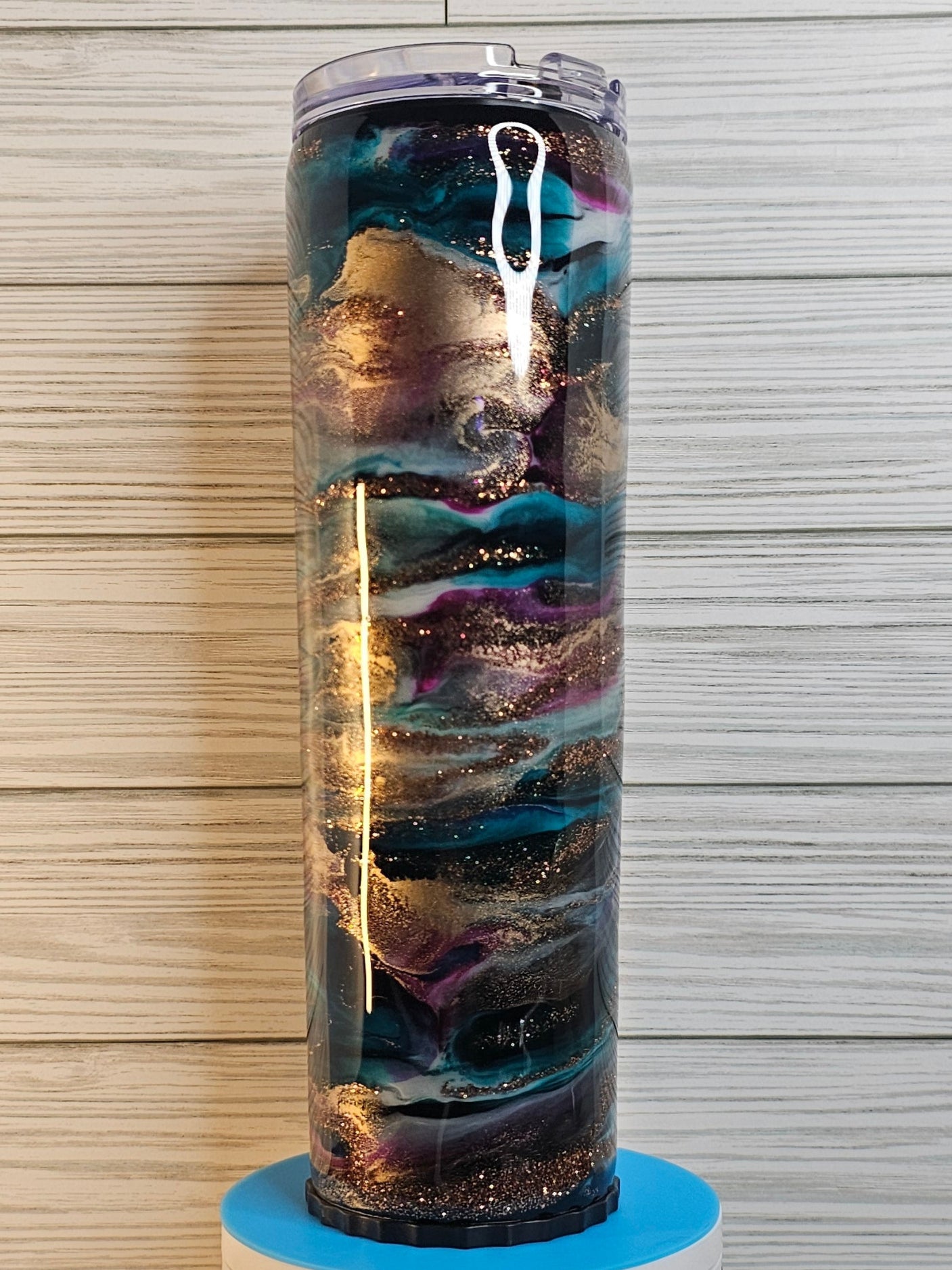 30oz Skinny Strawbler Purple/Blue/Gold with Glitter Vein Epoxy Tumbler