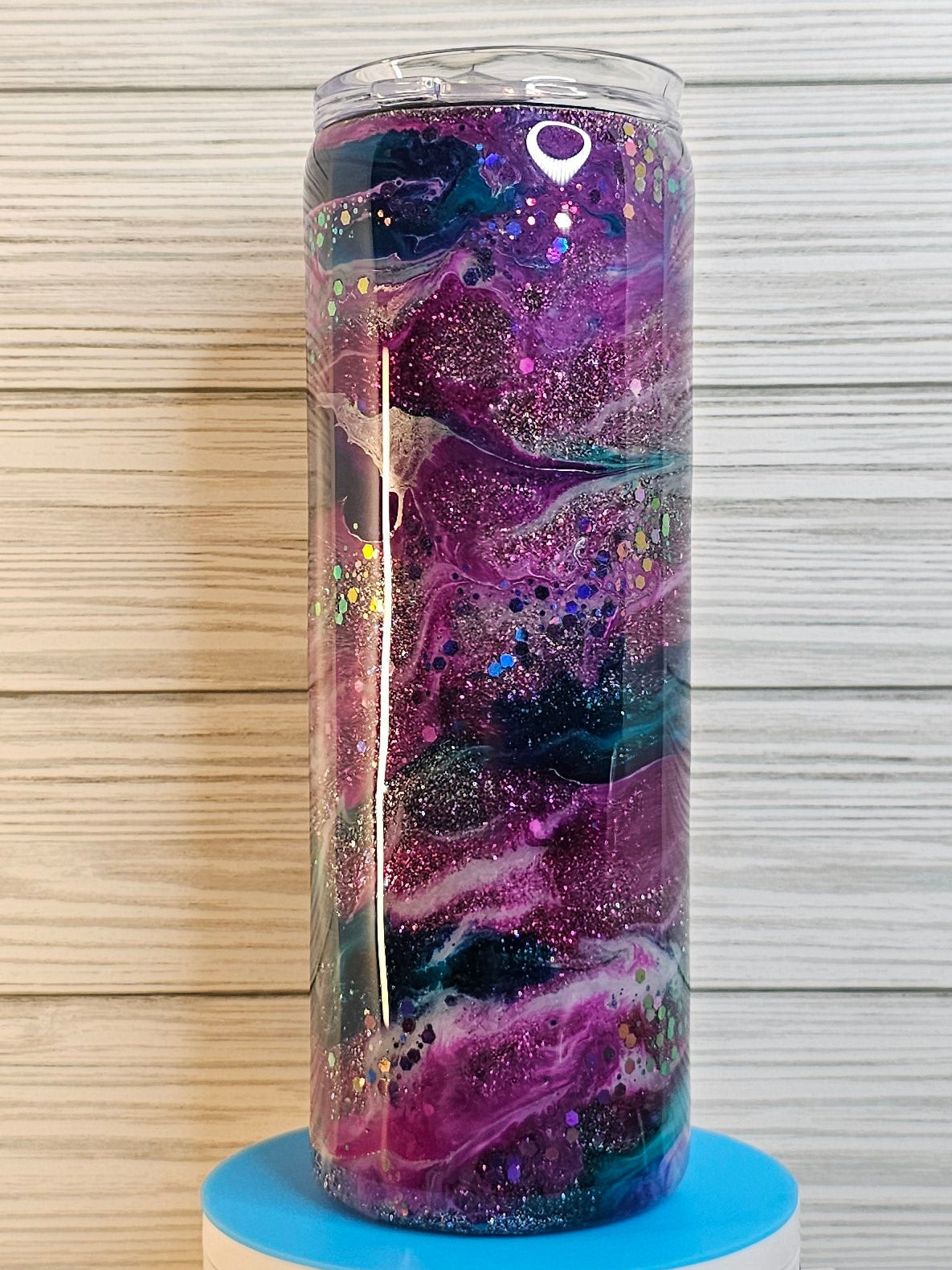20oz Duo Skinny Pink/Purple/Blue Ink Swirl with Chunky Glitter Vein Epoxy Tumbler