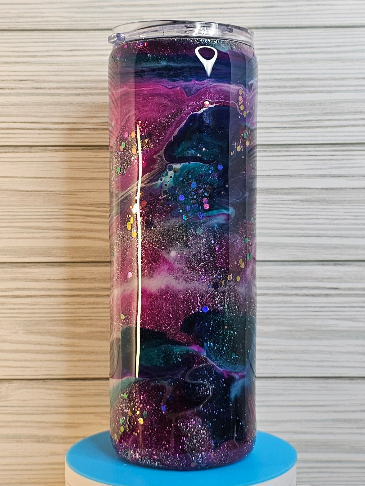 20oz Duo Skinny Pink/Purple/Blue Ink Swirl with Chunky Glitter Vein Epoxy Tumbler
