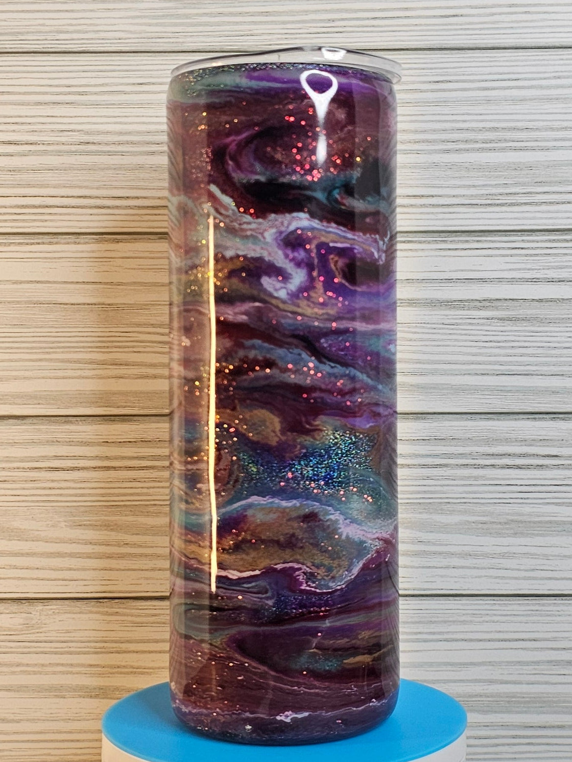 20oz Skinny Red/Purple/Gold Ink Swirl with Holographic Glitter Epoxy Tumbler
