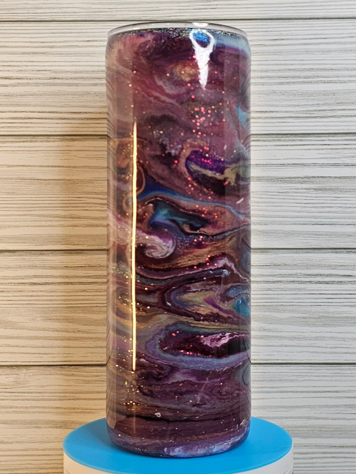 20oz Skinny Red/Purple/Gold Ink Swirl with Holographic Glitter Epoxy Tumbler