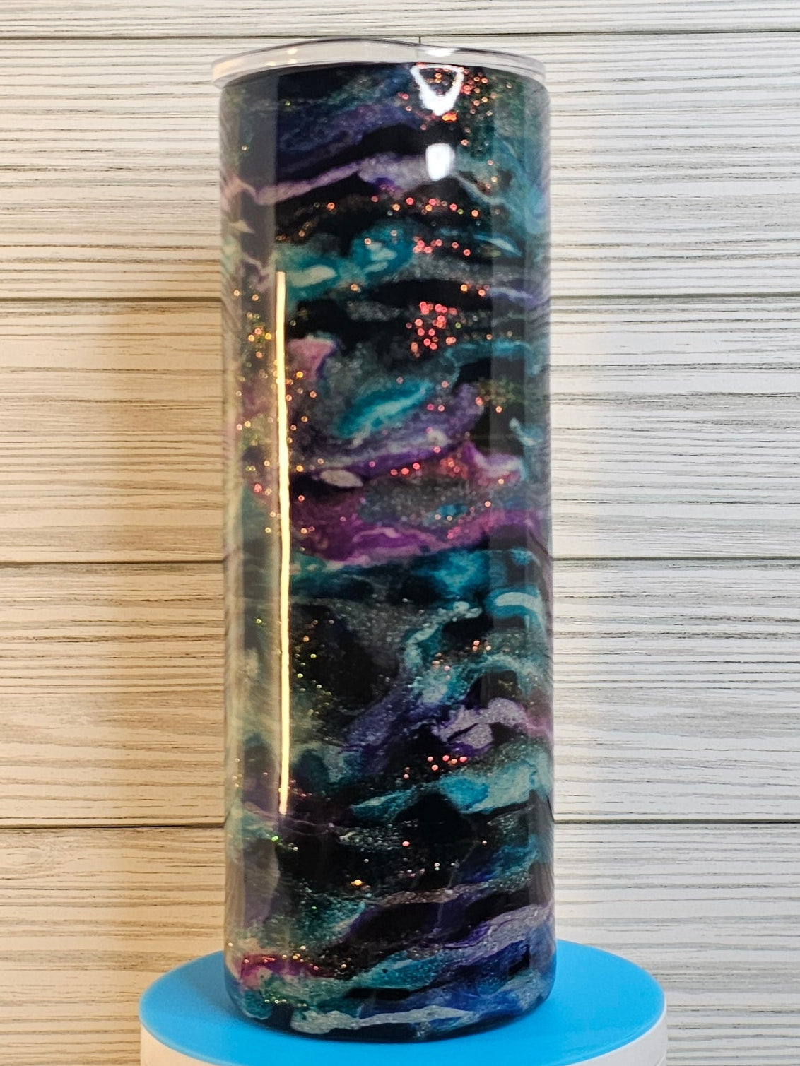 20oz Skinny Blue/Purple Ink Swirl with Glitter Vein Epoxy Tumbler