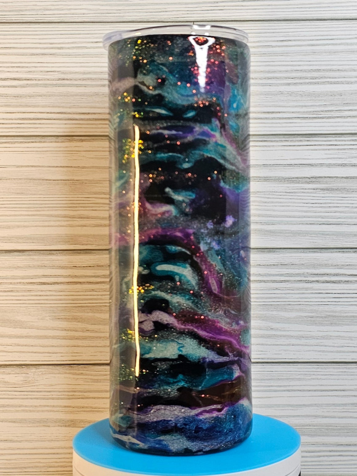 20oz Skinny Blue/Purple Ink Swirl with Glitter Vein Epoxy Tumbler