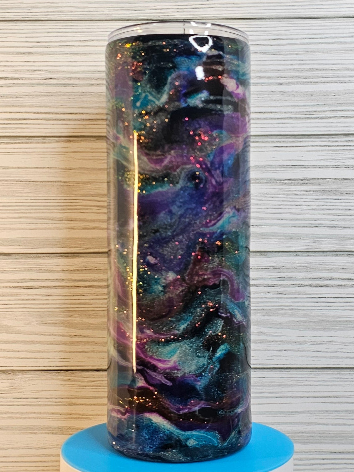 20oz Skinny Blue/Purple Ink Swirl with Glitter Vein Epoxy Tumbler