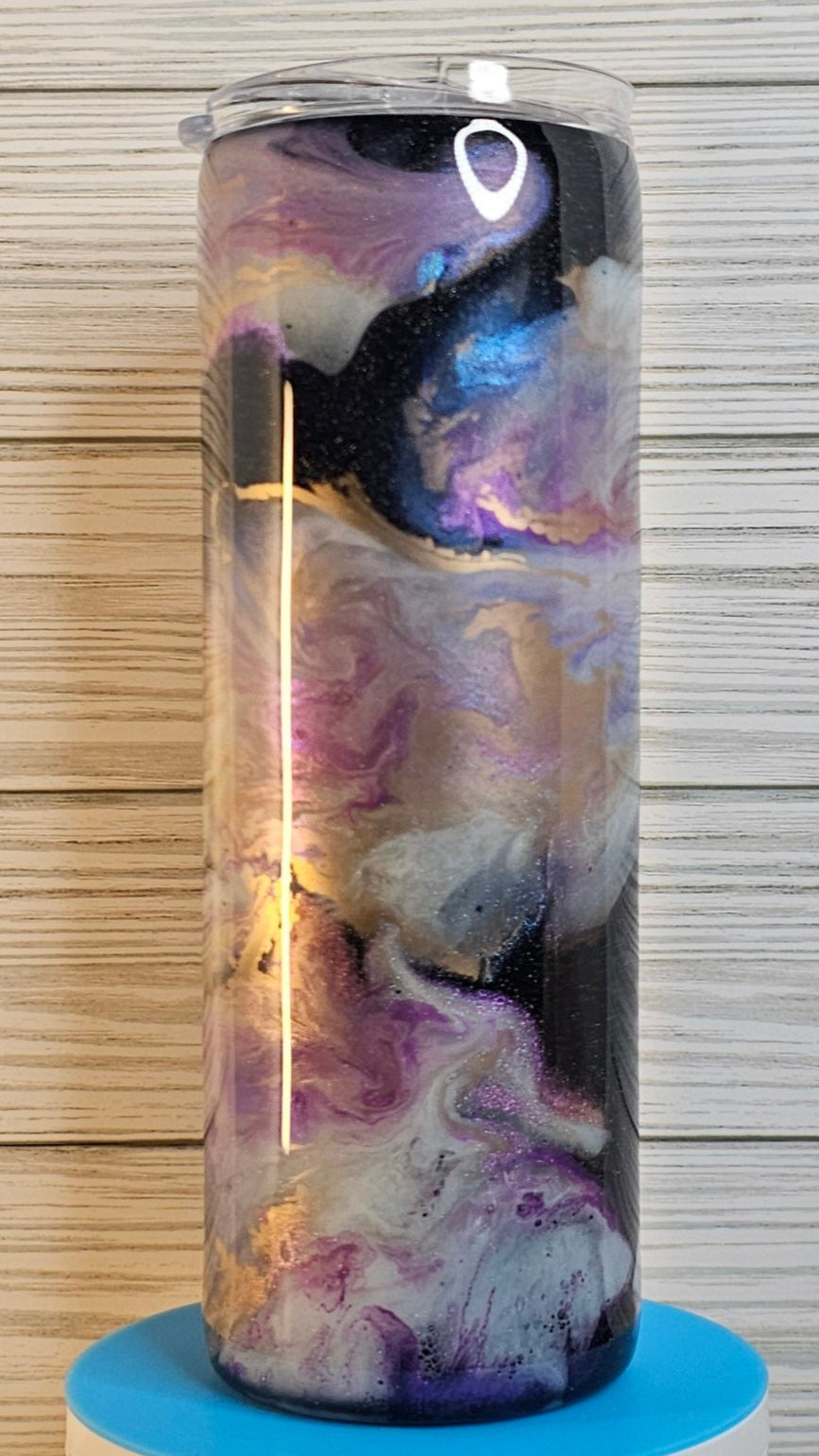 20oz Skinny Purple/Blue/Gold Ink Swirl Epoxy Tumbler