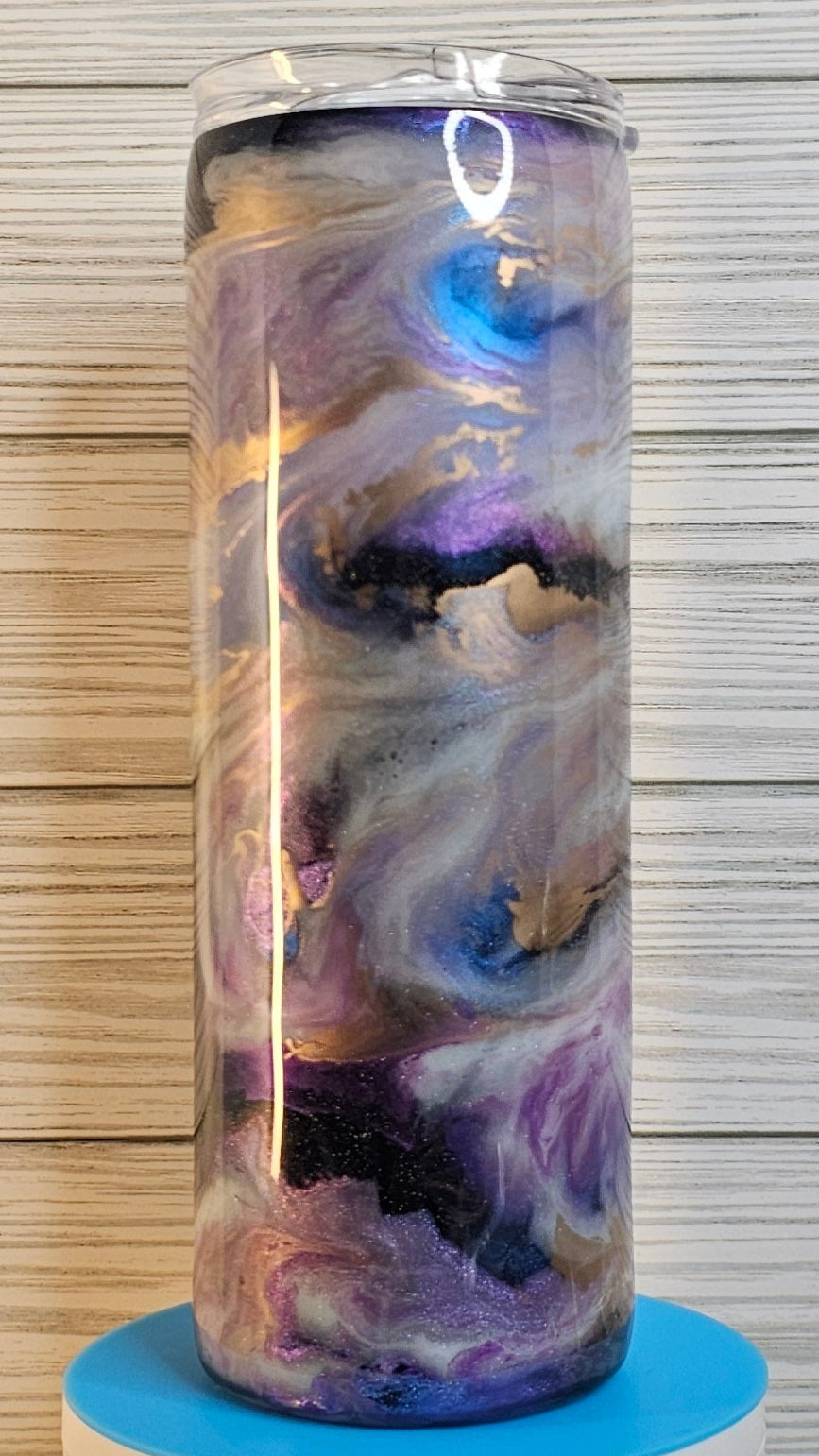 20oz Skinny Purple/Blue/Gold Ink Swirl Epoxy Tumbler
