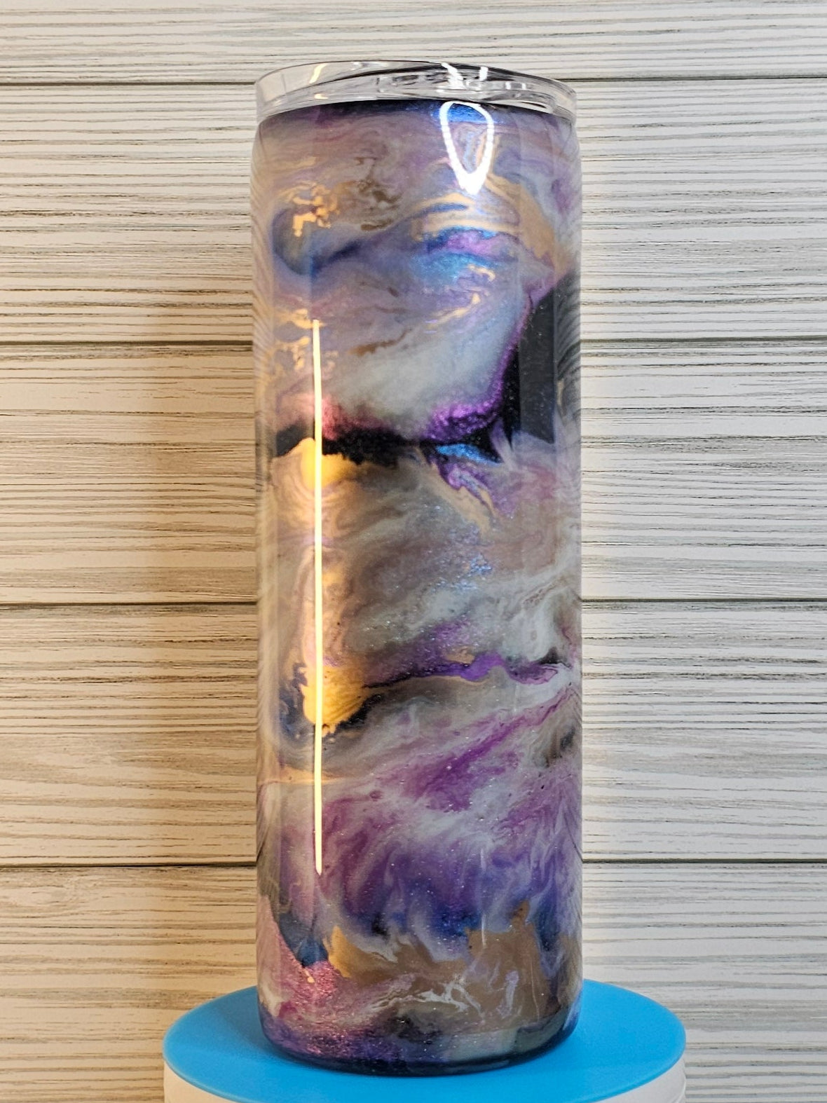 20oz Skinny Purple/Blue/Gold Ink Swirl Epoxy Tumbler