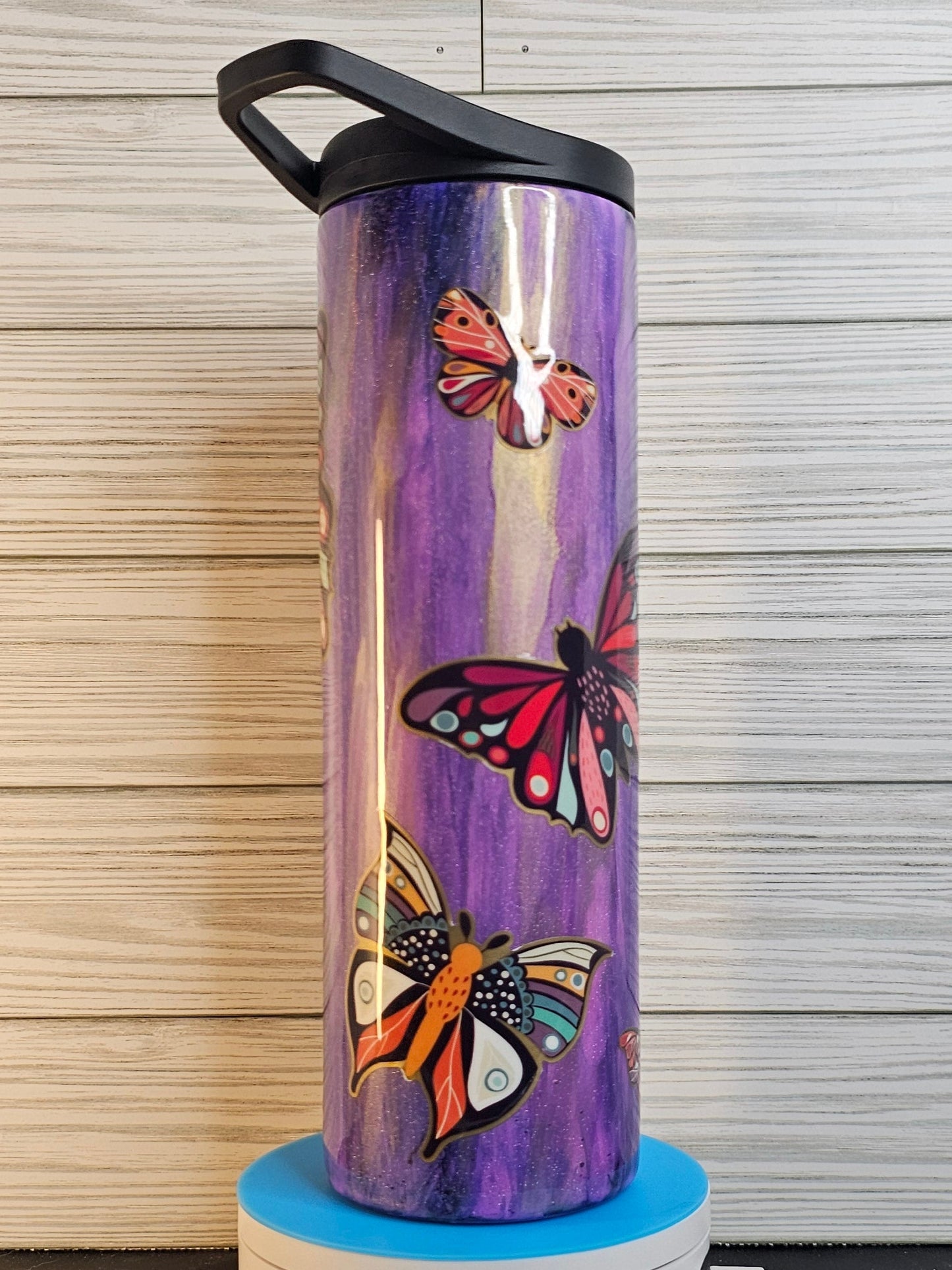 30oz Duo Skinny Purple Ink Brush with Butterflies Epoxy Tumbler
