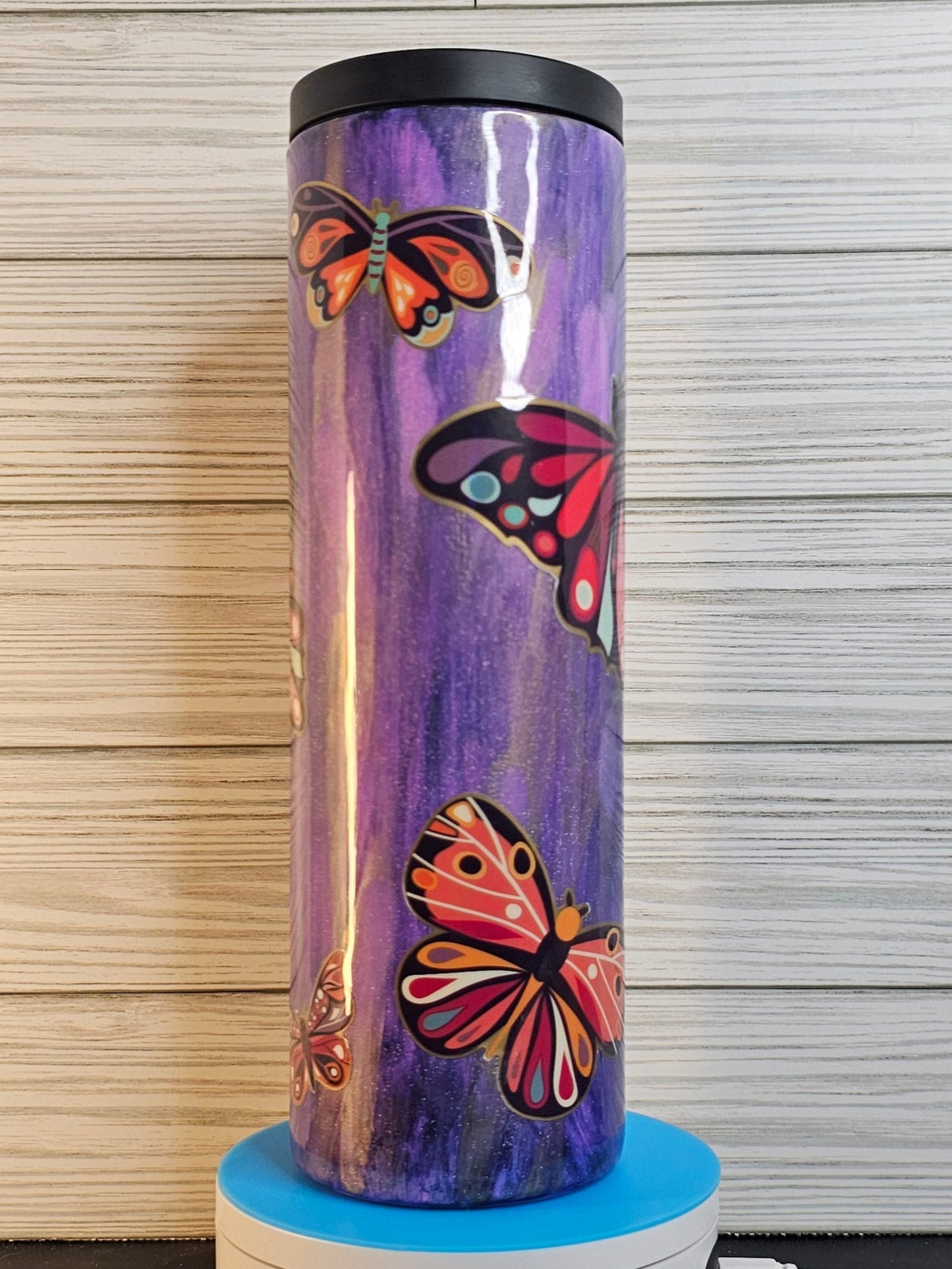 30oz Duo Skinny Purple Ink Brush with Butterflies Epoxy Tumbler