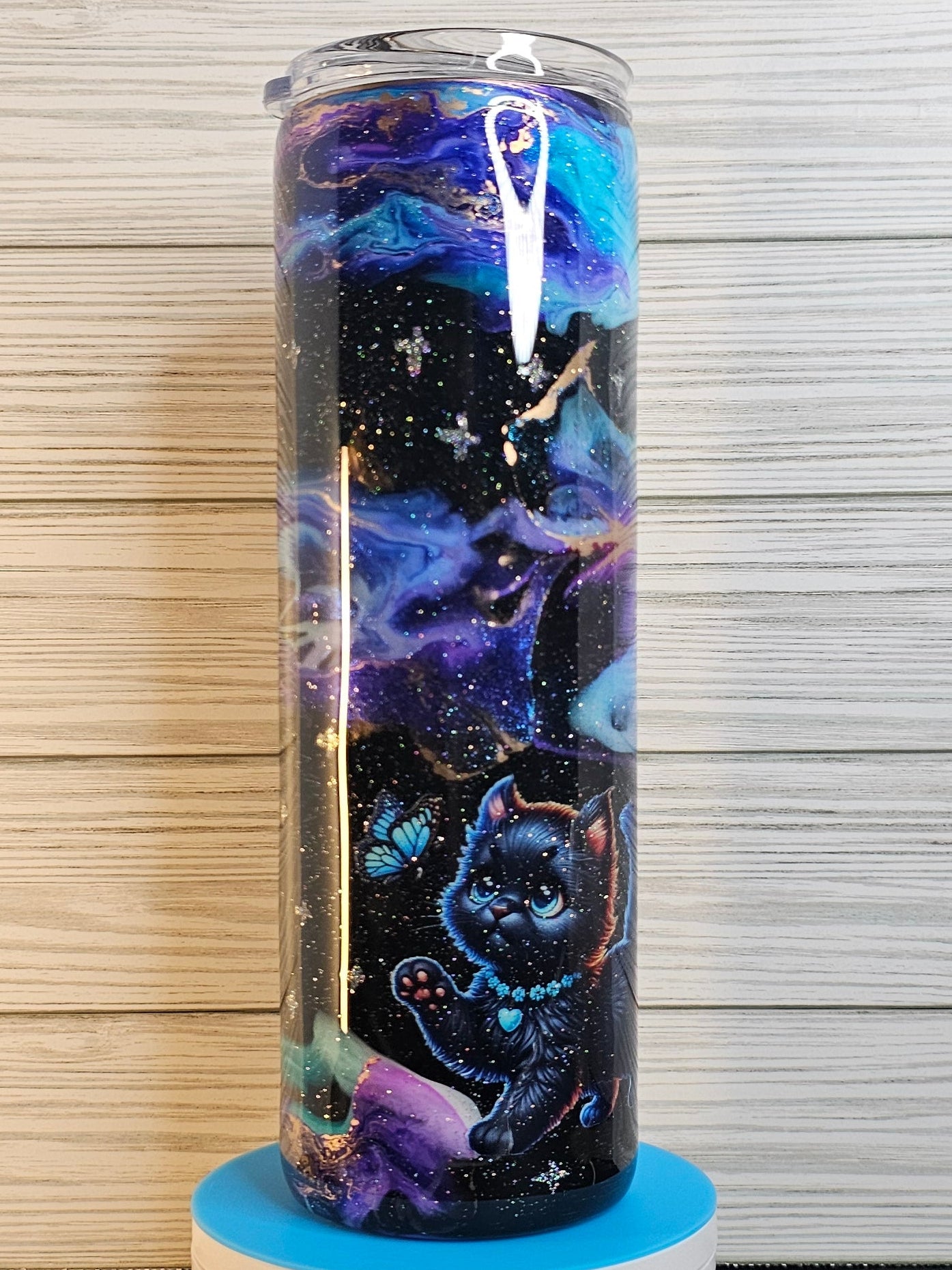 30oz Skinny Purple/Blue/Gold Galaxy Ink with Cat Epoxy Tumbler