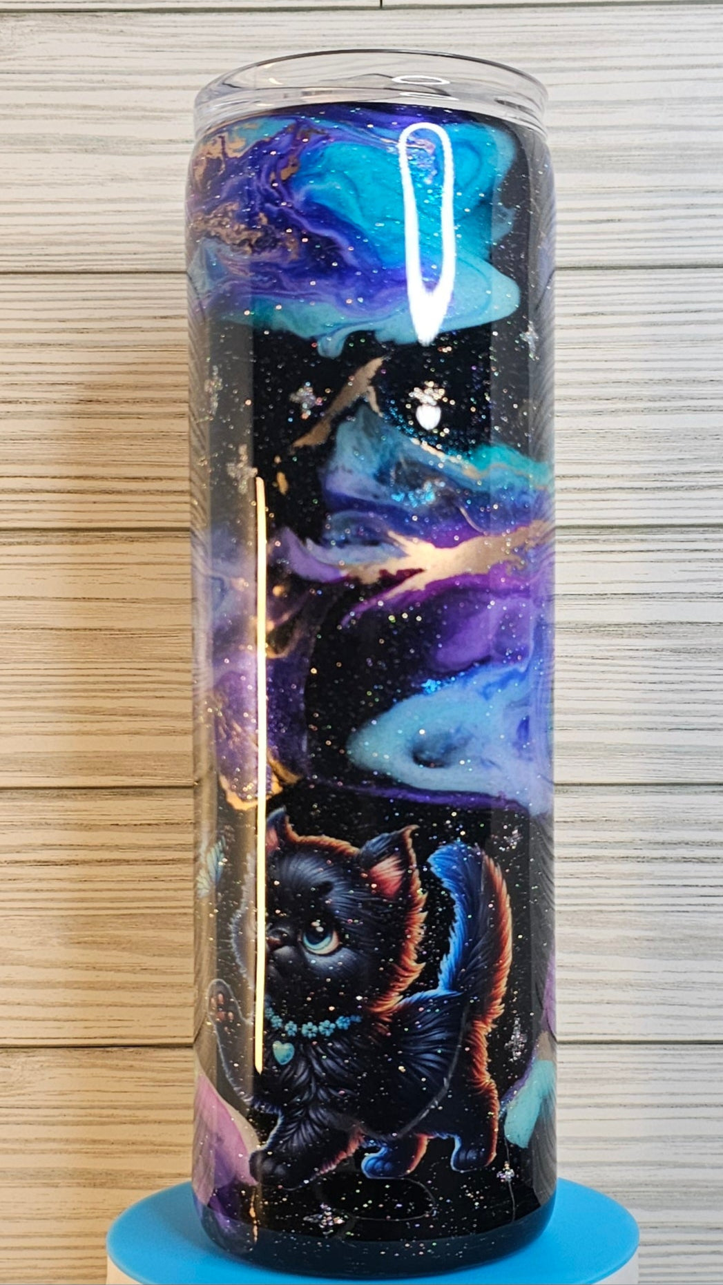 30oz Skinny Purple/Blue/Gold Galaxy Ink with Cat Epoxy Tumbler