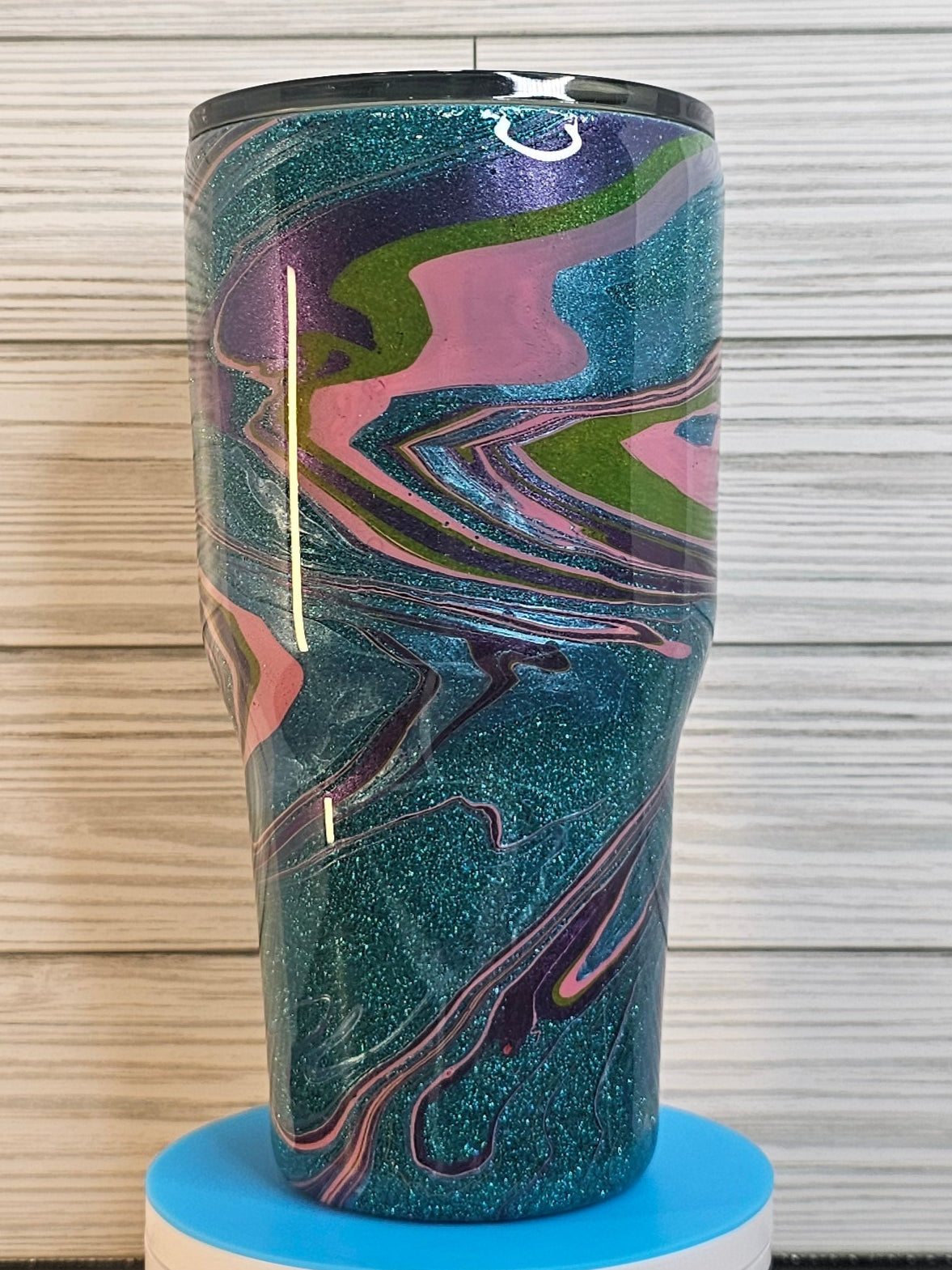 30oz Fatty Modern Curve Teal Glitter Paint Swirl Epoxy Tumbler