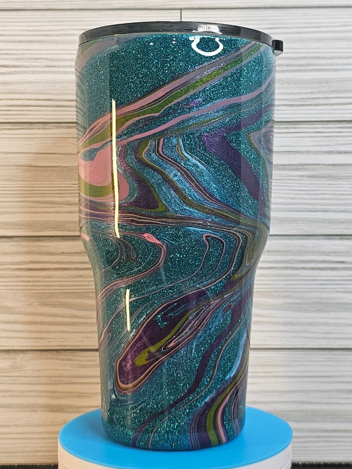 30oz Fatty Modern Curve Teal Glitter Paint Swirl Epoxy Tumbler