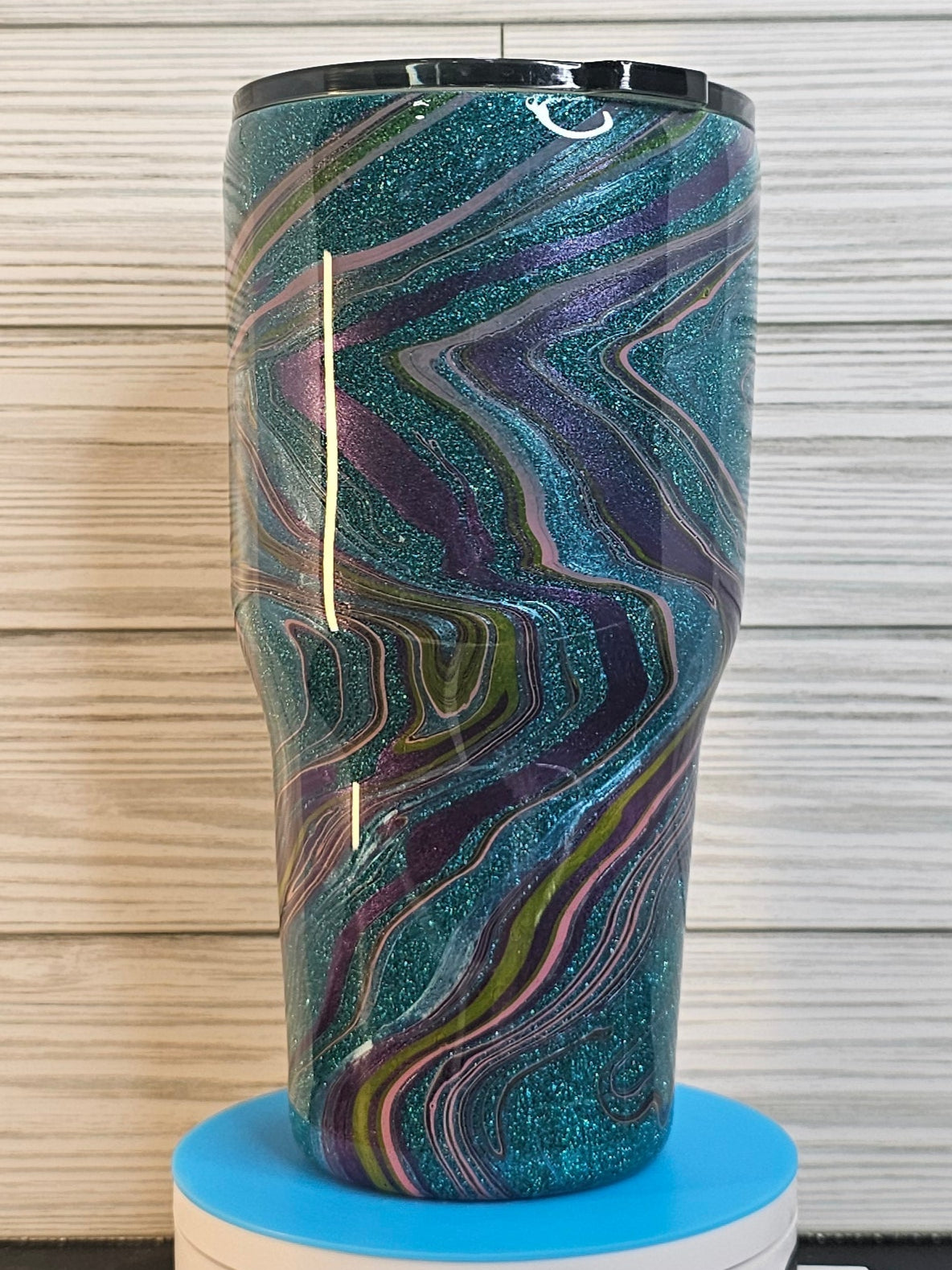 30oz Fatty Modern Curve Teal Glitter Paint Swirl Epoxy Tumbler