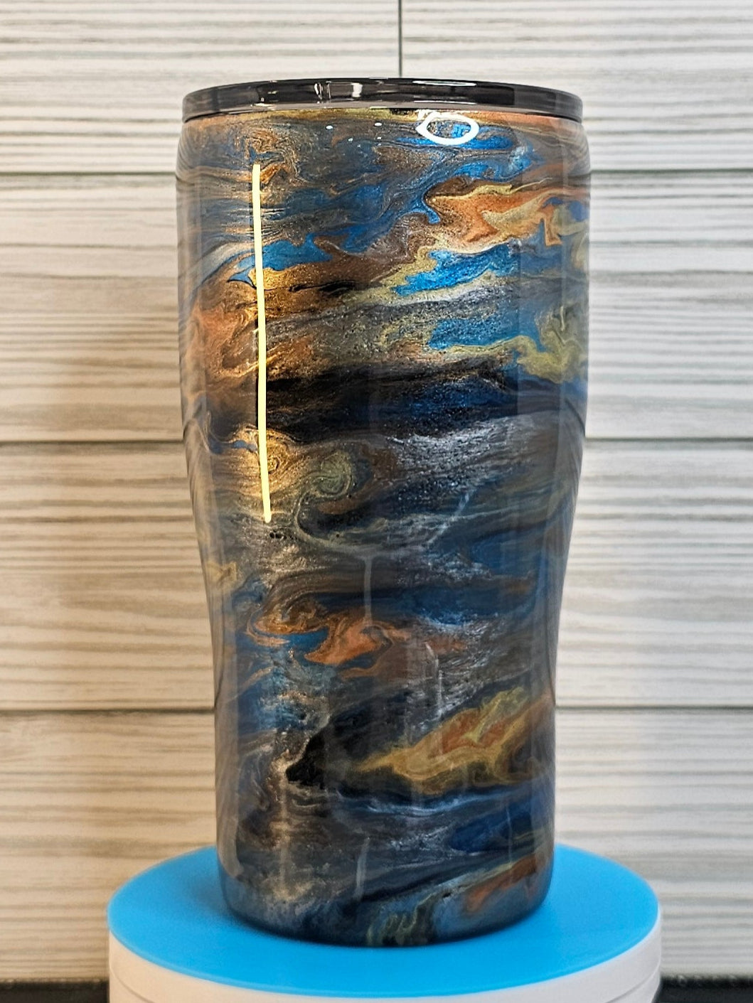 20oz Modern Curve Blue/Orange/Brown/Gold Ink Swirl Epoxy Tumbler