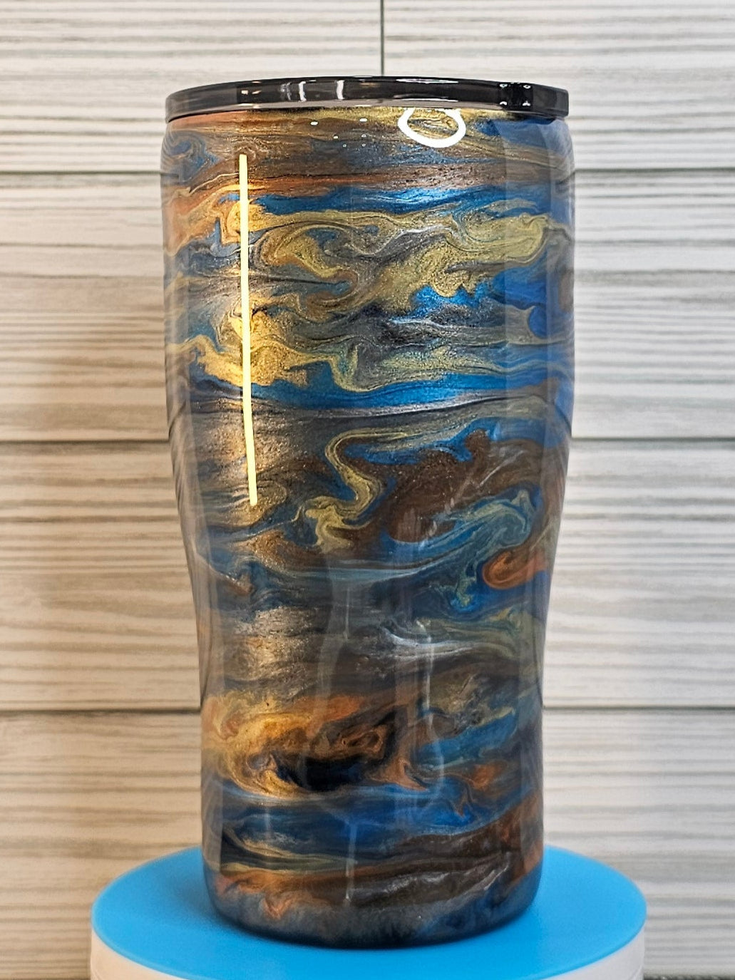 20oz Modern Curve Blue/Orange/Brown/Gold Ink Swirl Epoxy Tumbler