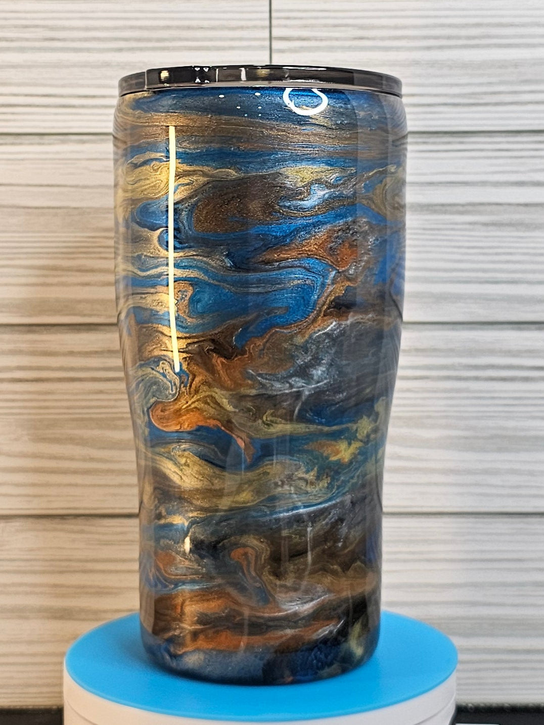 20oz Modern Curve Blue/Orange/Brown/Gold Ink Swirl Epoxy Tumbler