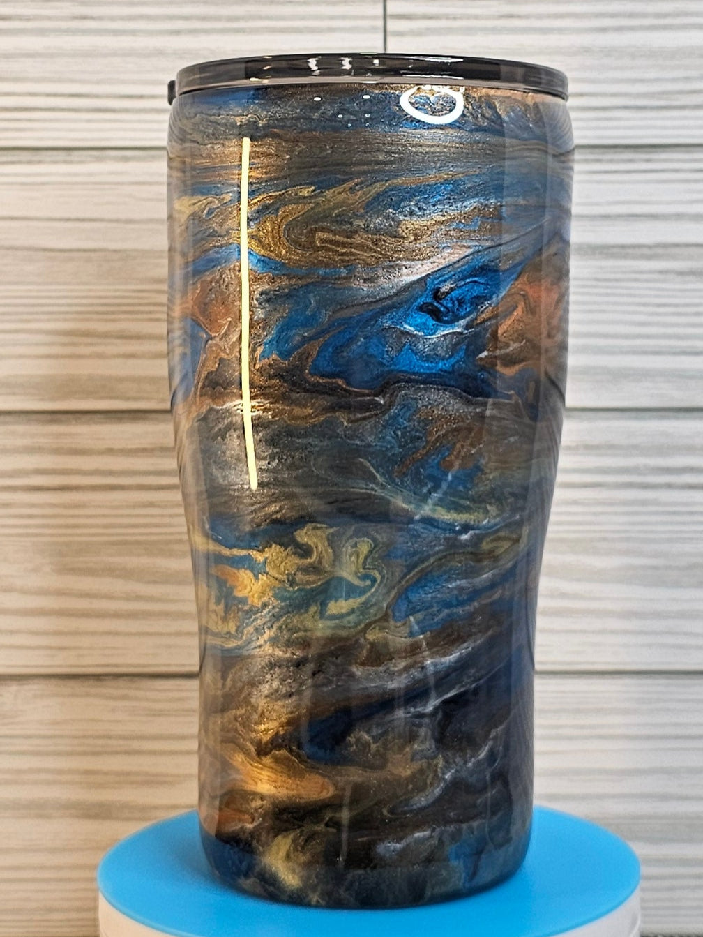 20oz Modern Curve Blue/Orange/Brown/Gold Ink Swirl Epoxy Tumbler