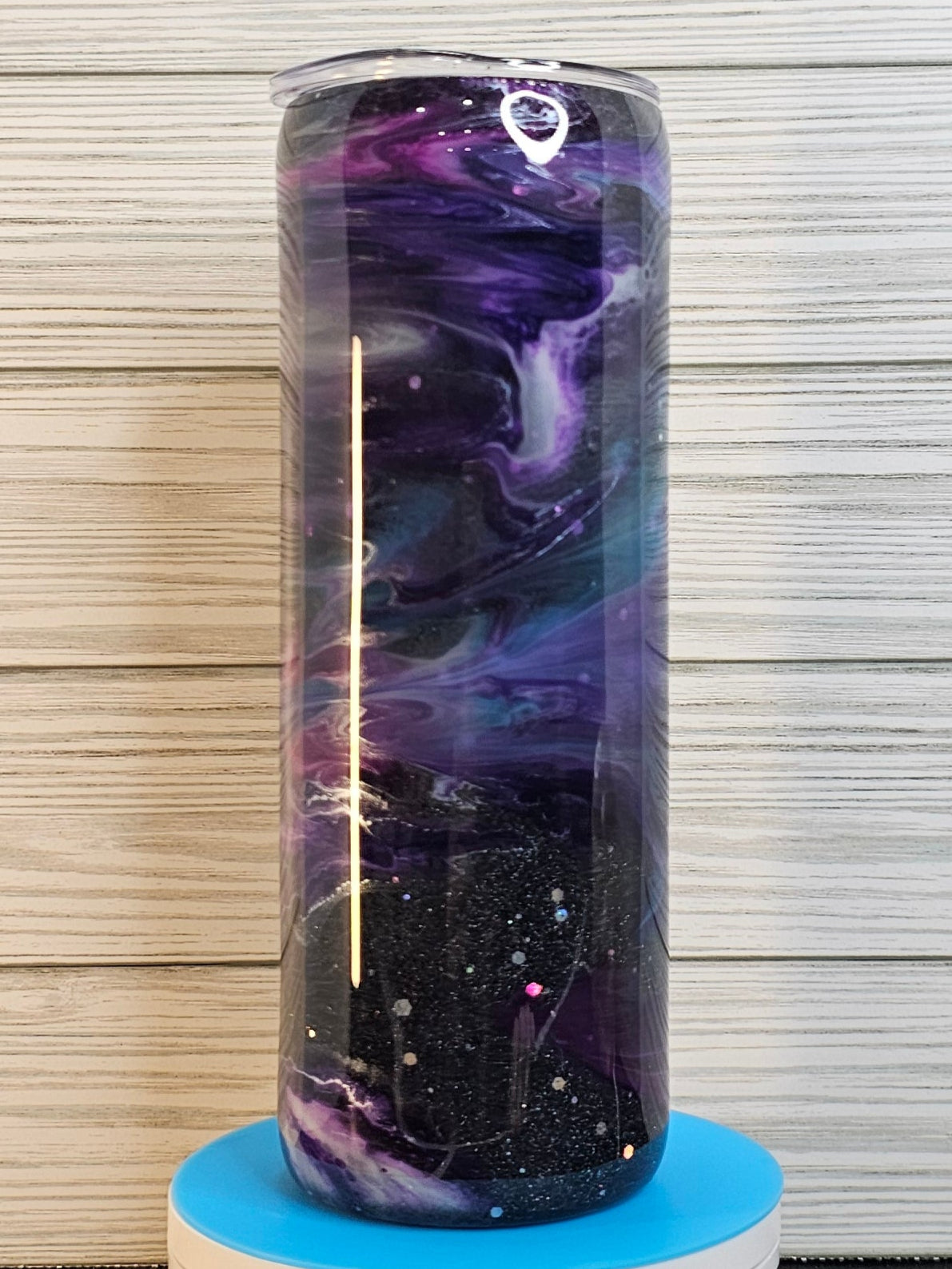 20oz Duo Skinny Dark Purple Ink Swirl with Chunky Silver Glitter Epoxy Tumbler