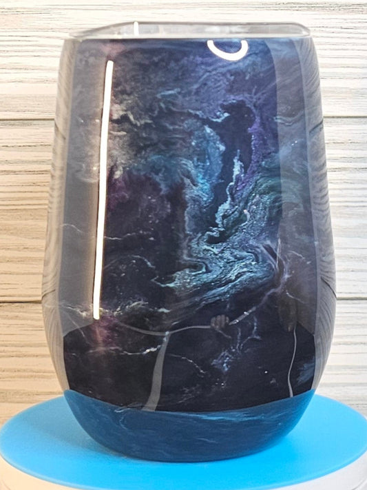 15oz Stemless Wine Purple & Blue Ink Swirl Epoxy Tumbler