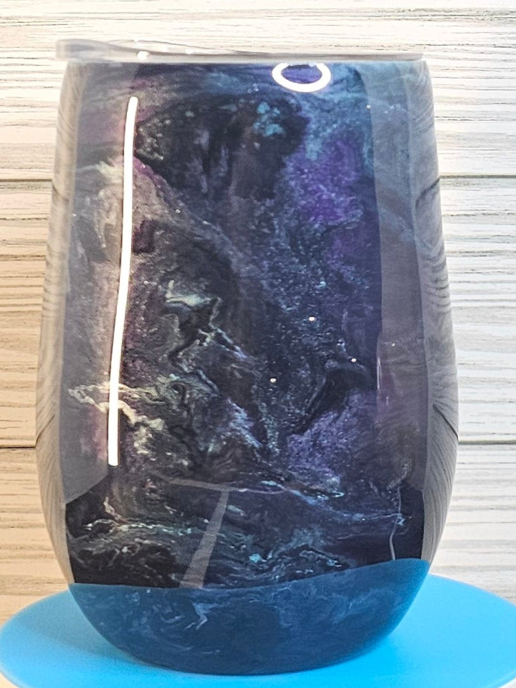 15oz Stemless Wine Purple & Blue Ink Swirl Epoxy Tumbler
