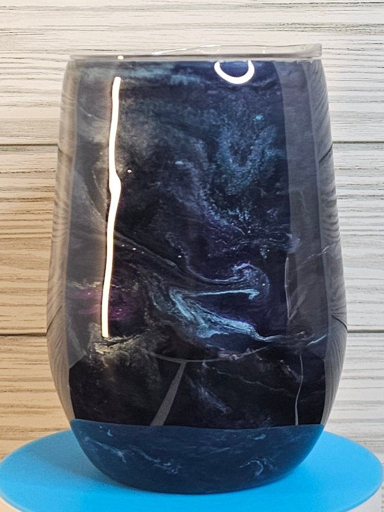 15oz Stemless Wine Purple & Blue Ink Swirl Epoxy Tumbler