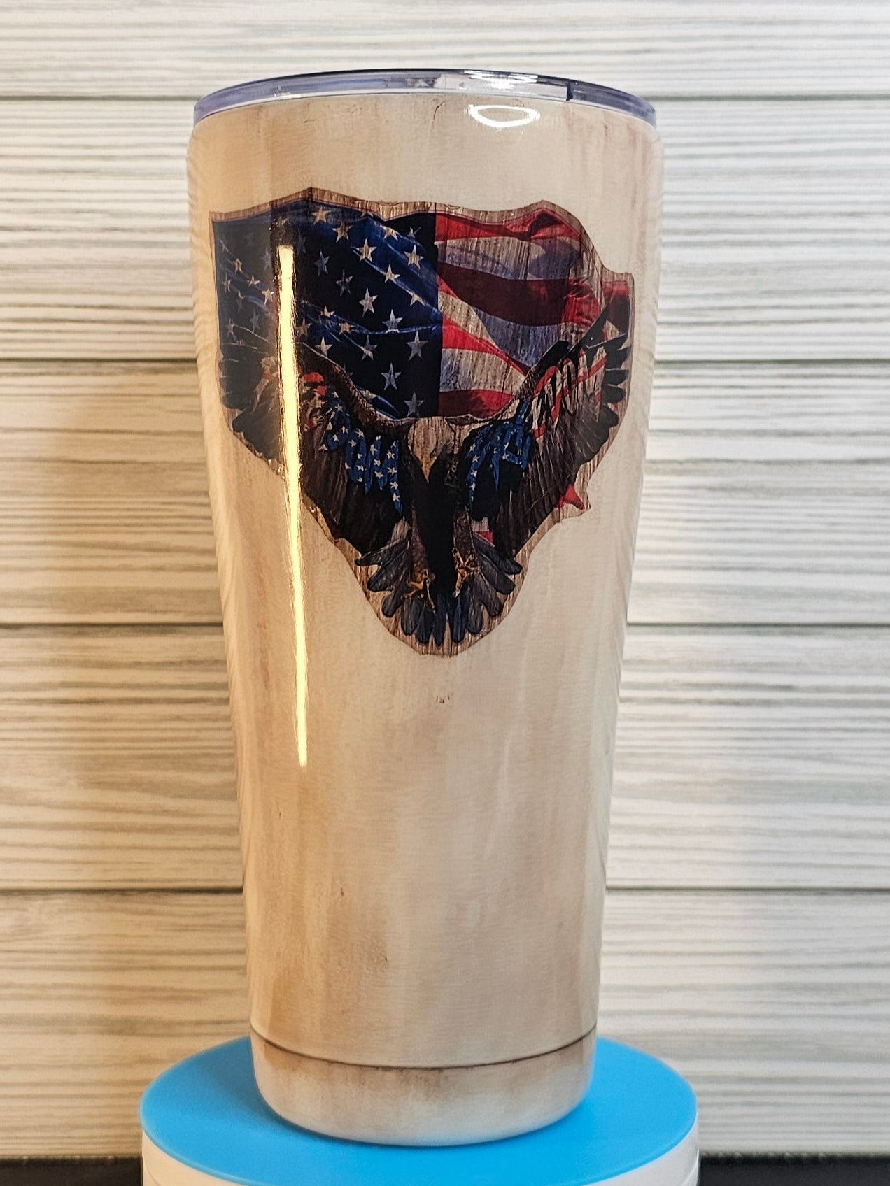 30oz Modern Curve Whitewash Wood Grain with Eagle & Flag Epoxy Tumbler