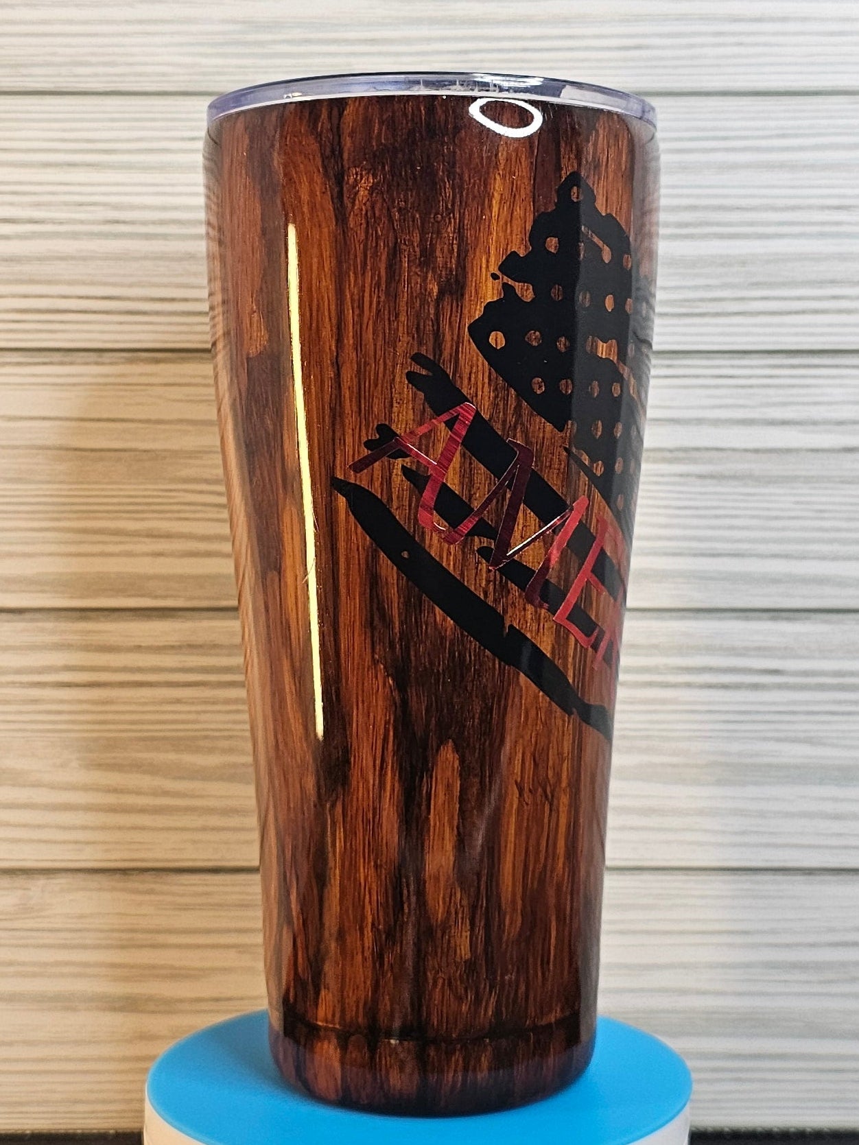 30oz Modern Curve Dark Wood Grain with American Flag Epoxy Tumbler