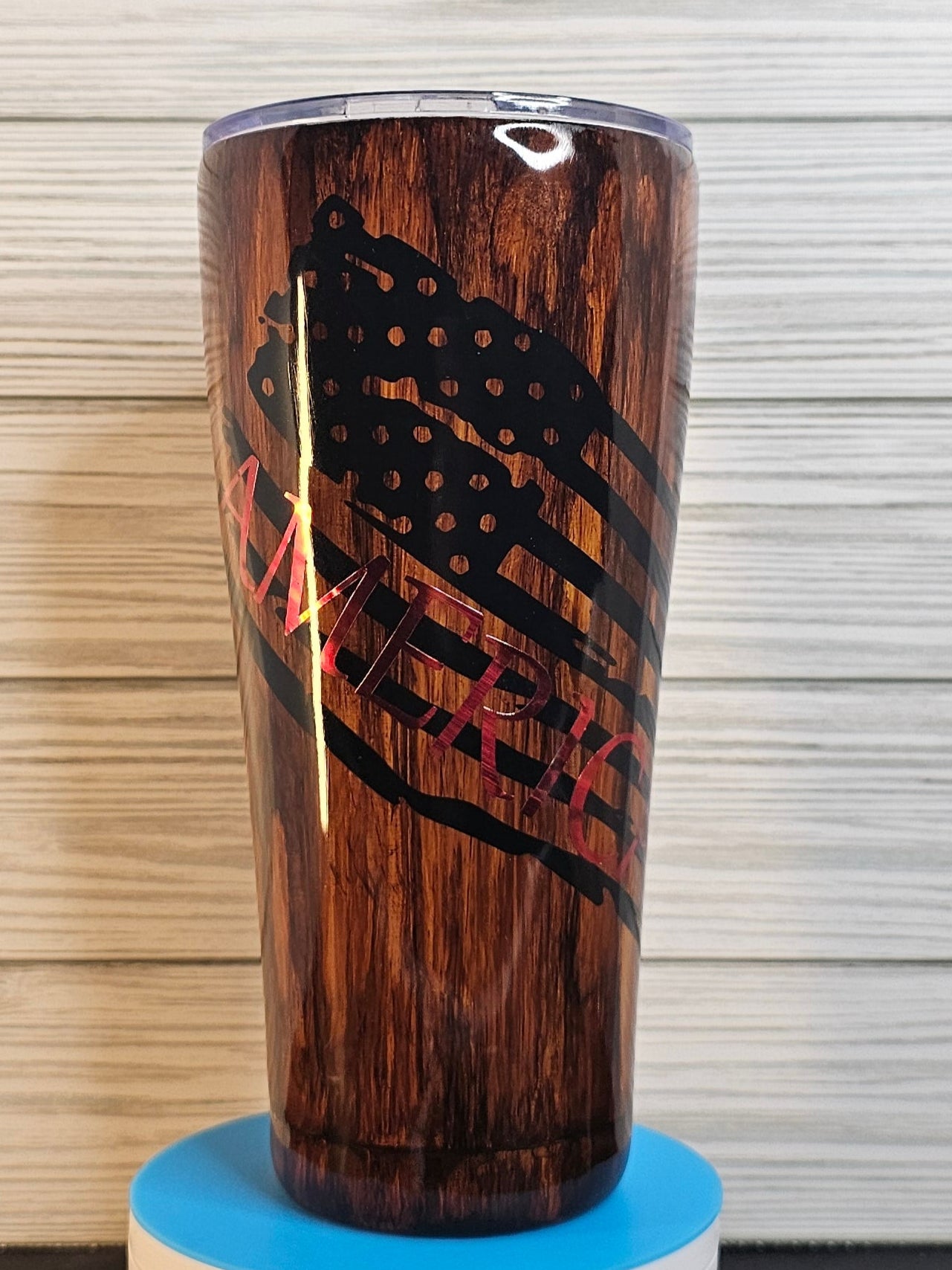 30oz Modern Curve Dark Wood Grain with American Flag Epoxy Tumbler