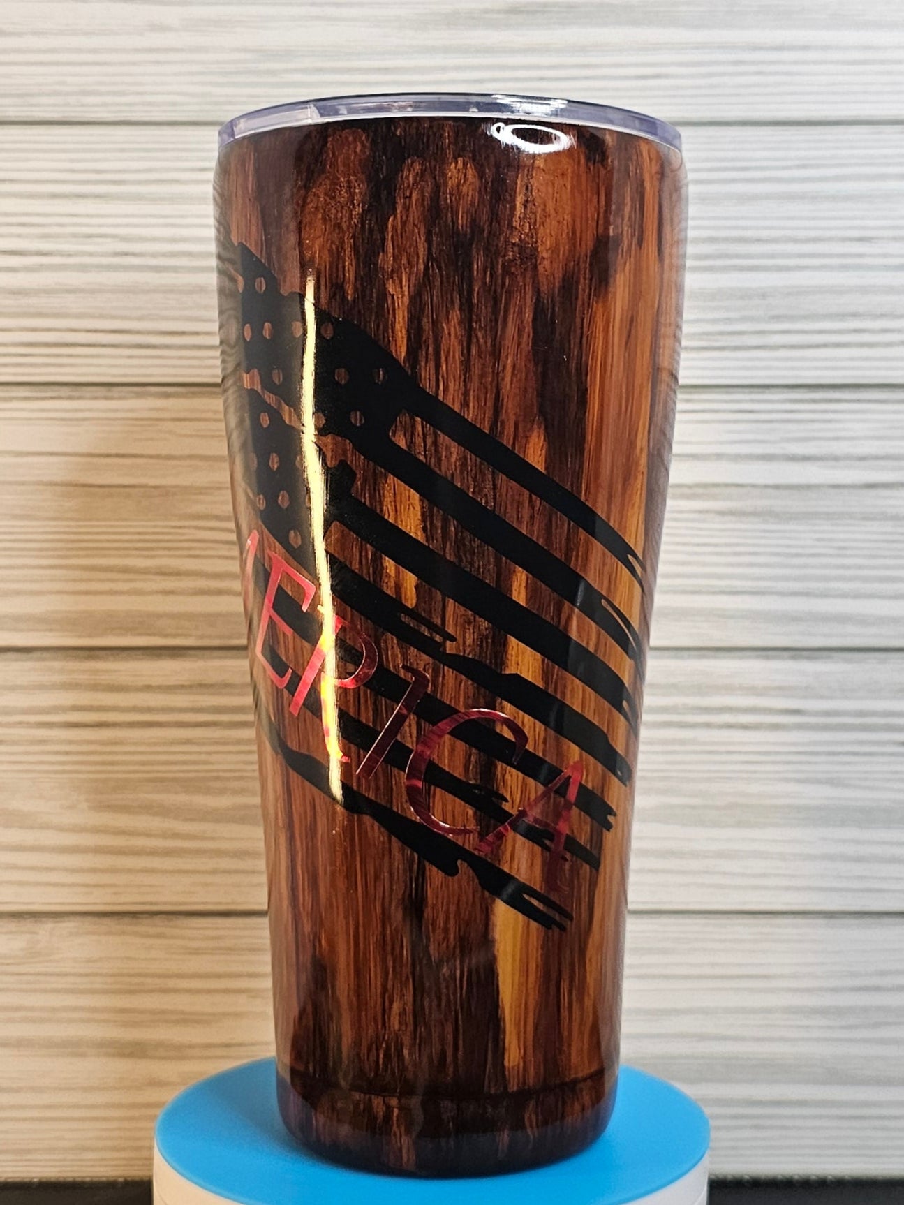 30oz Modern Curve Dark Wood Grain with American Flag Epoxy Tumbler