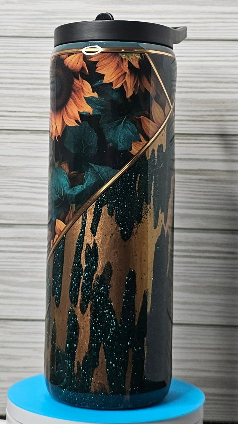 20oz Duo Skinny Sunflower V-split with Gold & Green Glitter Epoxy Tumbler