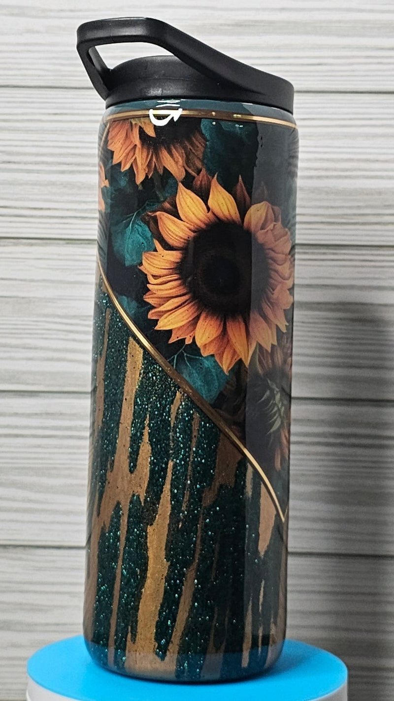20oz Duo Skinny Sunflower V-split with Gold & Green Glitter Epoxy Tumbler