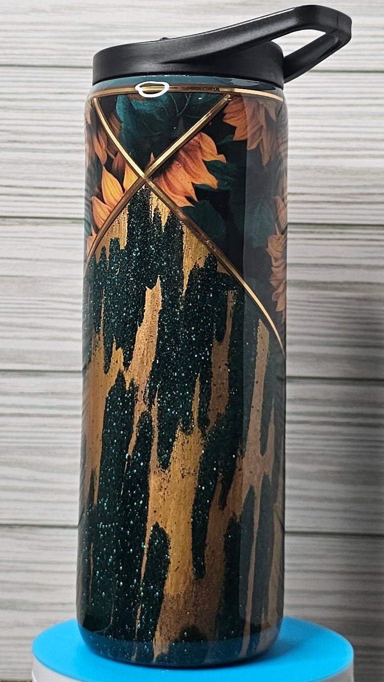 20oz Duo Skinny Sunflower V-split with Gold & Green Glitter Epoxy Tumbler