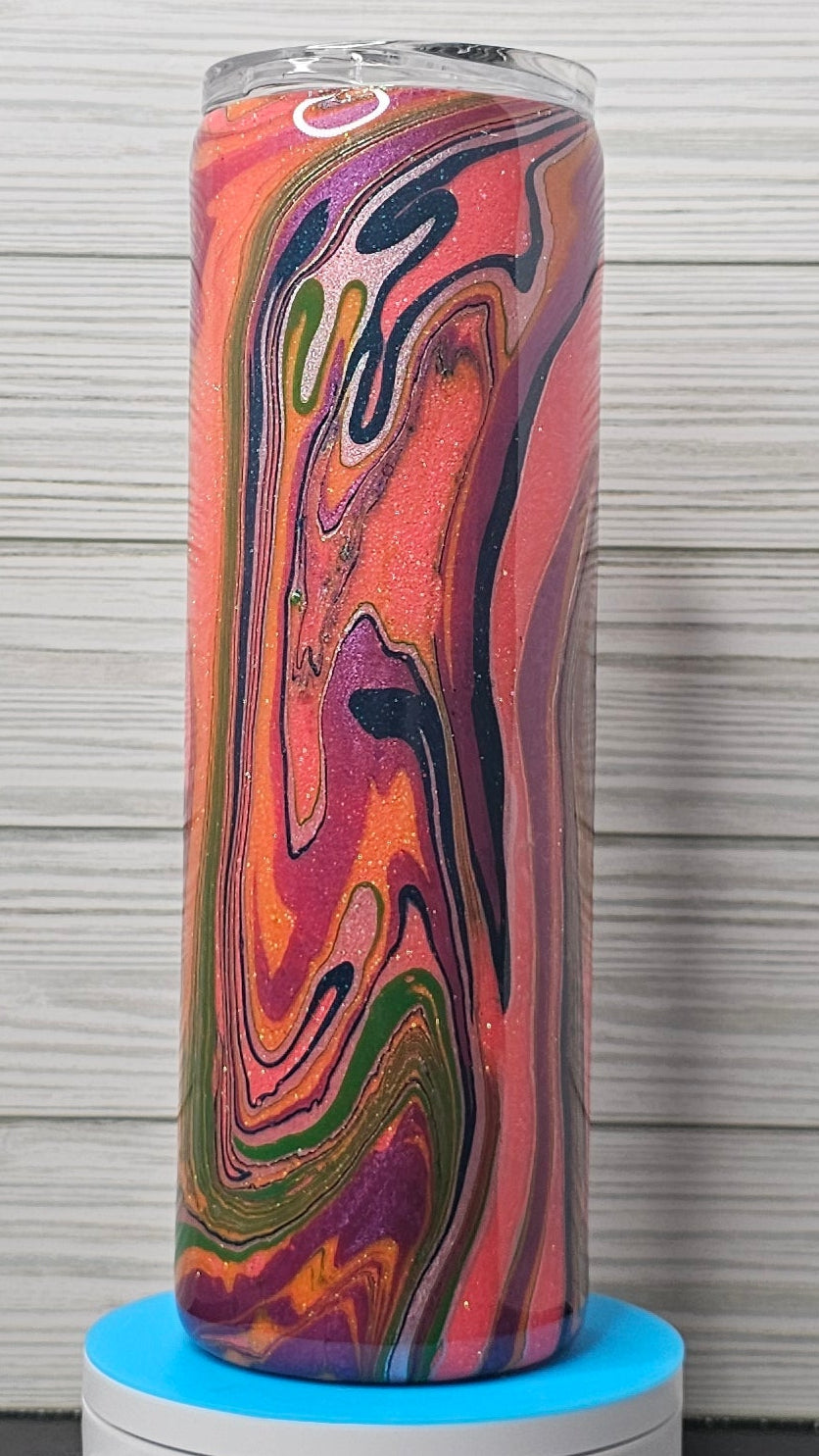 30oz Skinny Purple/Green/Pink Ink Swirl with Coral Glitter Epoxy Tumbler