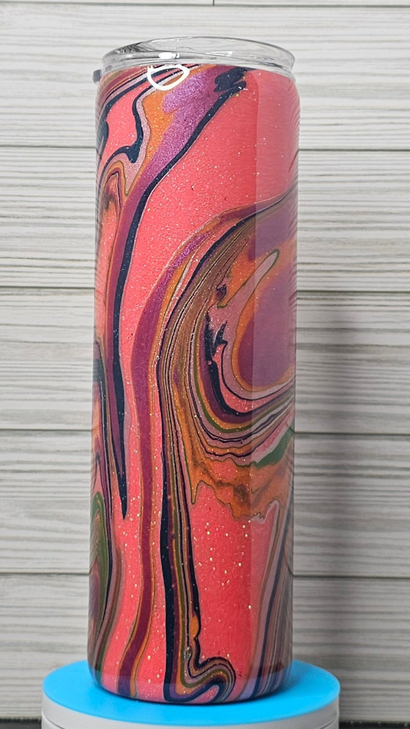 30oz Skinny Purple/Green/Pink Ink Swirl with Coral Glitter Epoxy Tumbler