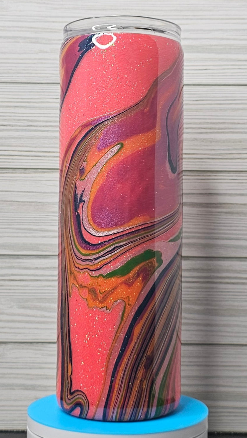 30oz Skinny Purple/Green/Pink Ink Swirl with Coral Glitter Epoxy Tumbler