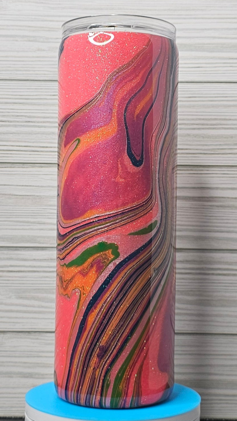 30oz Skinny Purple/Green/Pink Ink Swirl with Coral Glitter Epoxy Tumbler