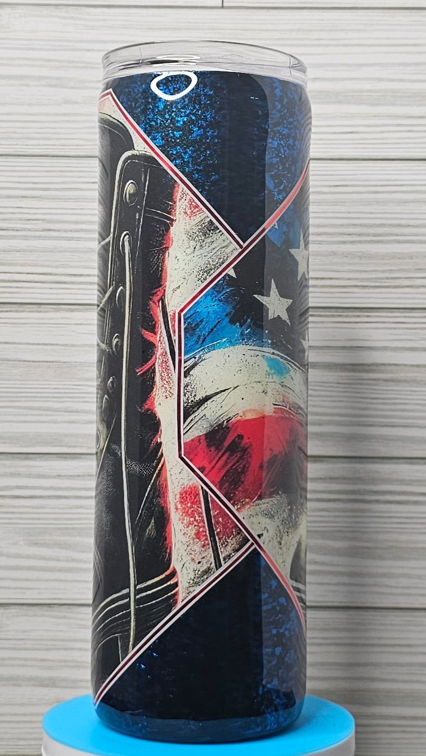 30oz Skinny Blue/Black Foil Flag & Boots Diamond Epoxy Tumbler