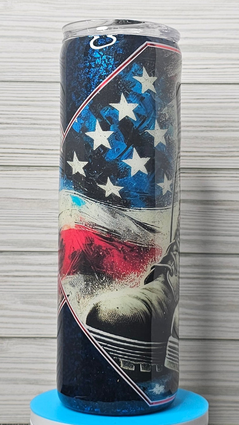 30oz Skinny Blue/Black Foil Flag & Boots Diamond Epoxy Tumbler