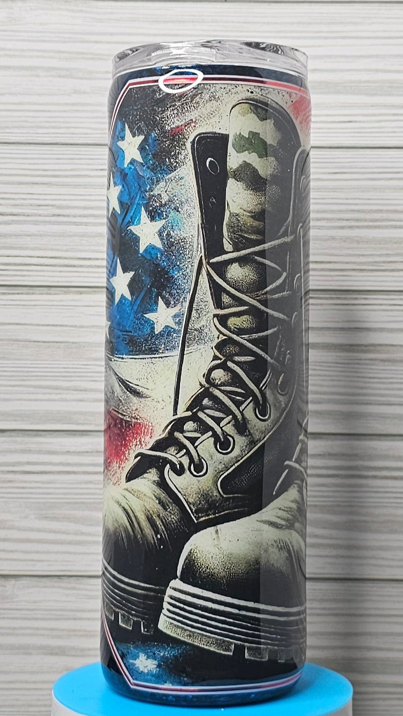 30oz Skinny Blue/Black Foil Flag & Boots Diamond Epoxy Tumbler
