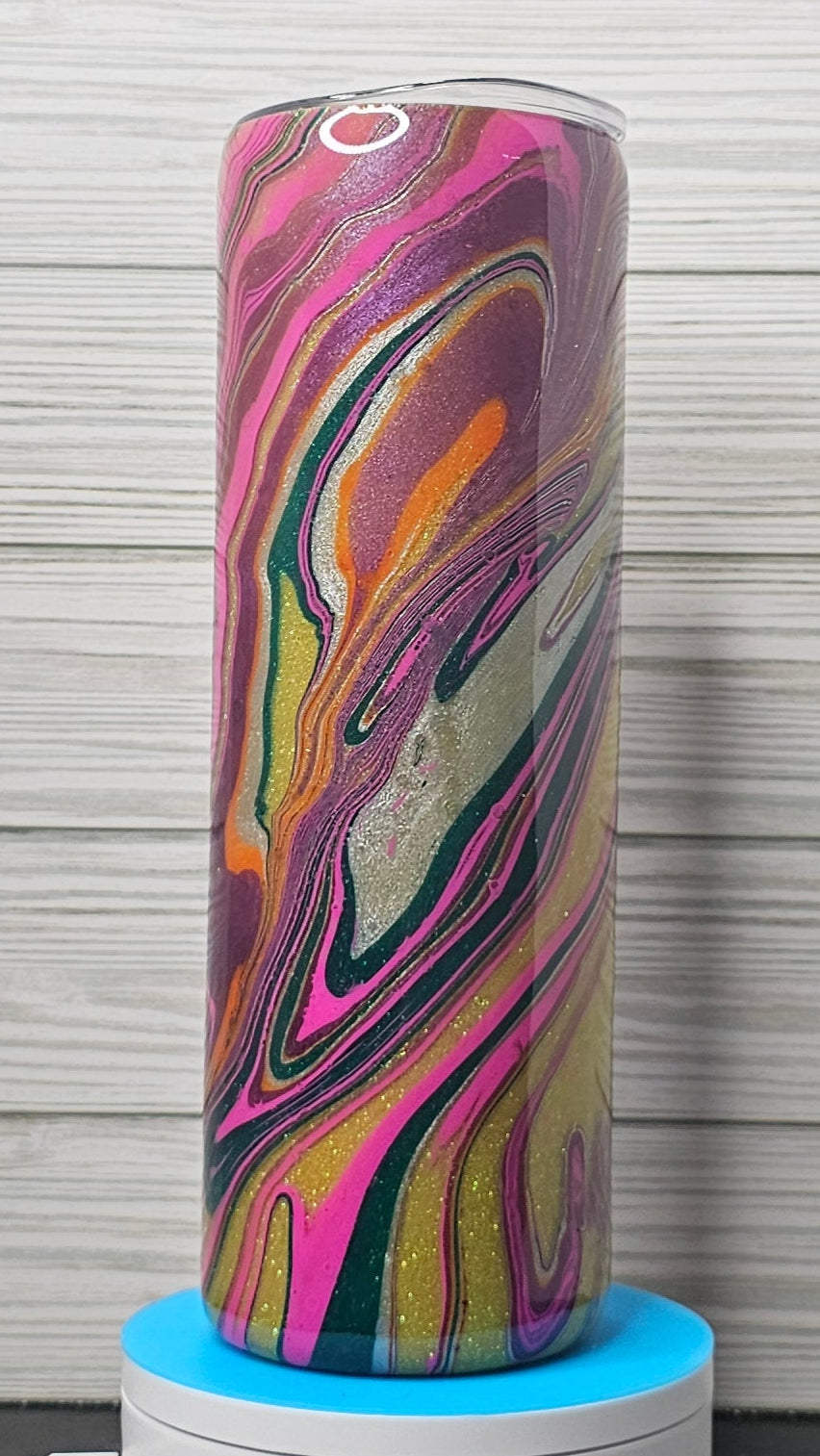30oz Skinny Pink/Purple/Green Ink Swirl with Yellow Glitter Epoxy Tumbler