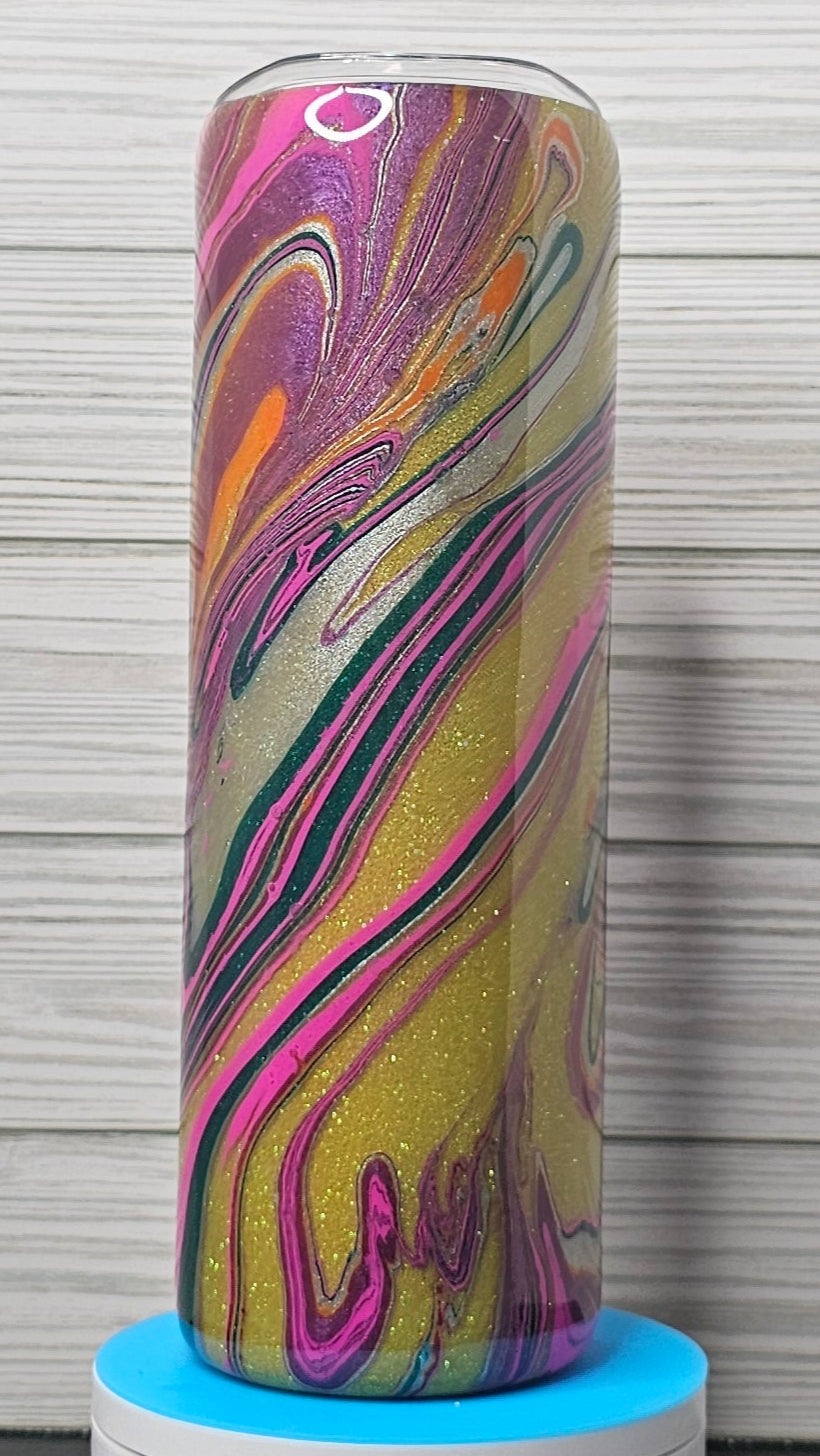 30oz Skinny Pink/Purple/Green Ink Swirl with Yellow Glitter Epoxy Tumbler