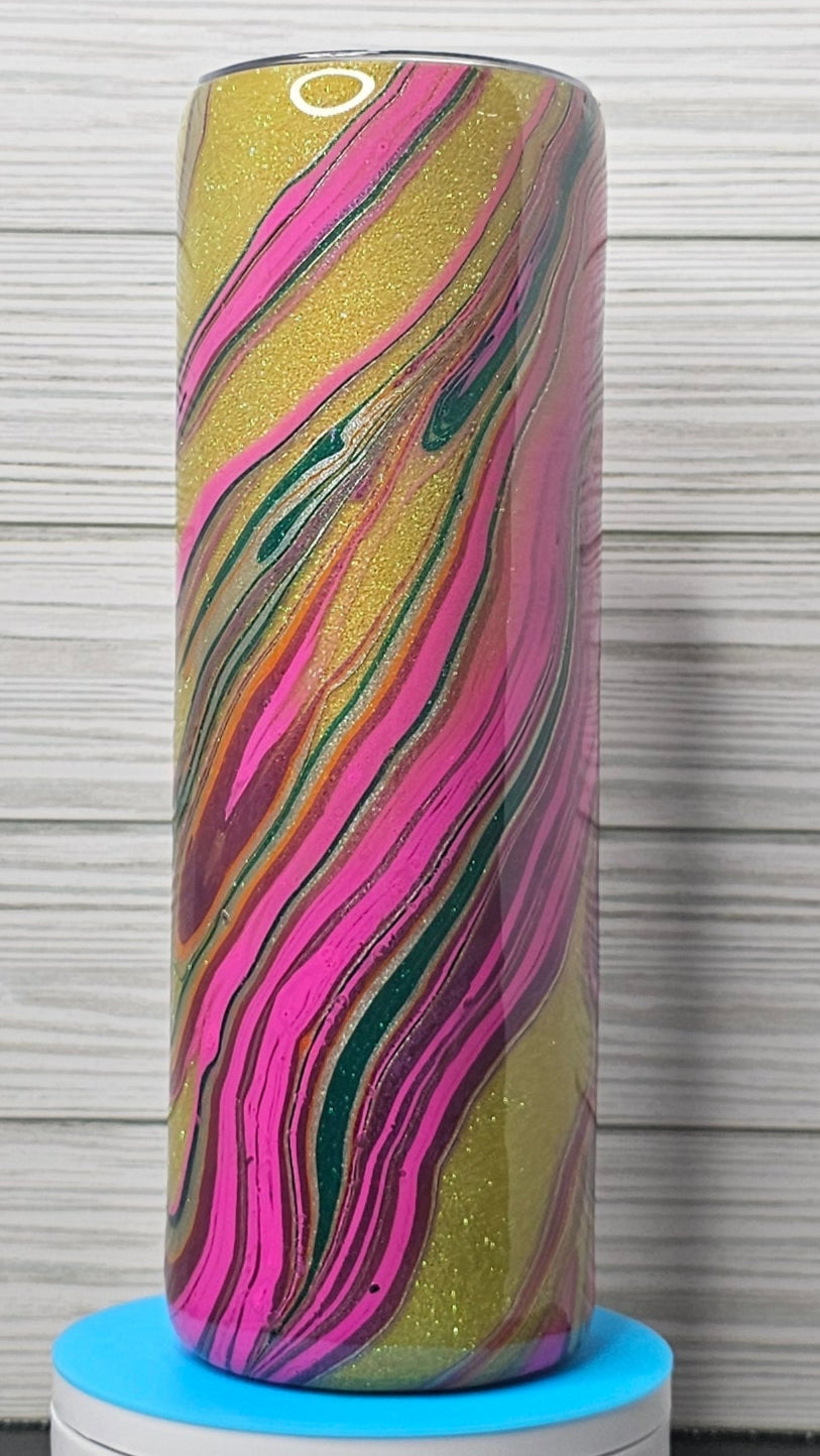 30oz Skinny Pink/Purple/Green Ink Swirl with Yellow Glitter Epoxy Tumbler
